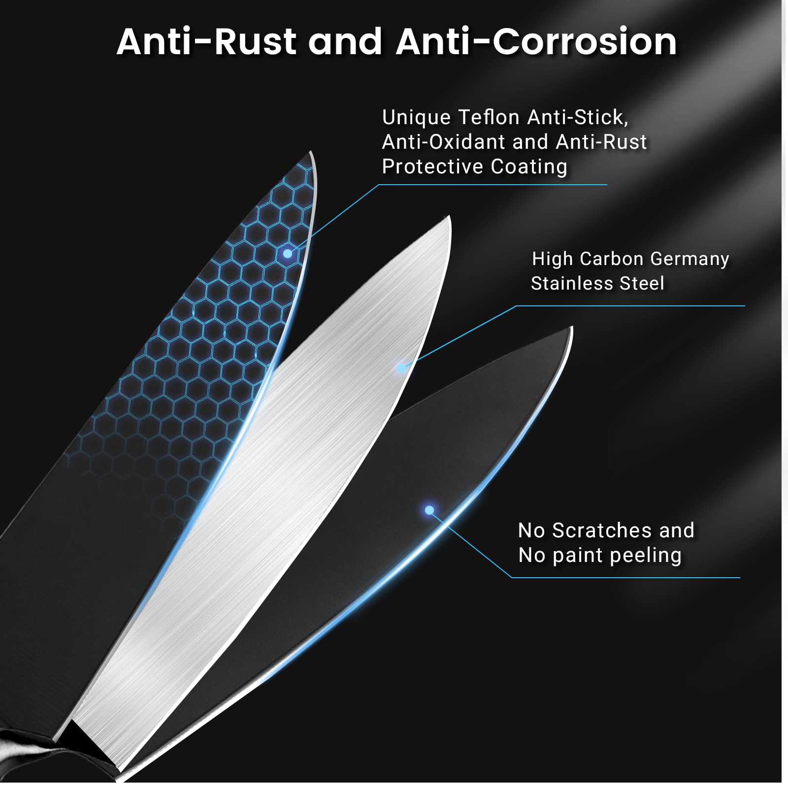 Knife Set, 15 Pieces Black Kitchen Knife Set with Wooden Block, Non-Stick Coating Chef Knife Set with Knife Sharpener for Self Sharpening, German Stainless Steel Knife Set with 6 Steak Knives, Black 5