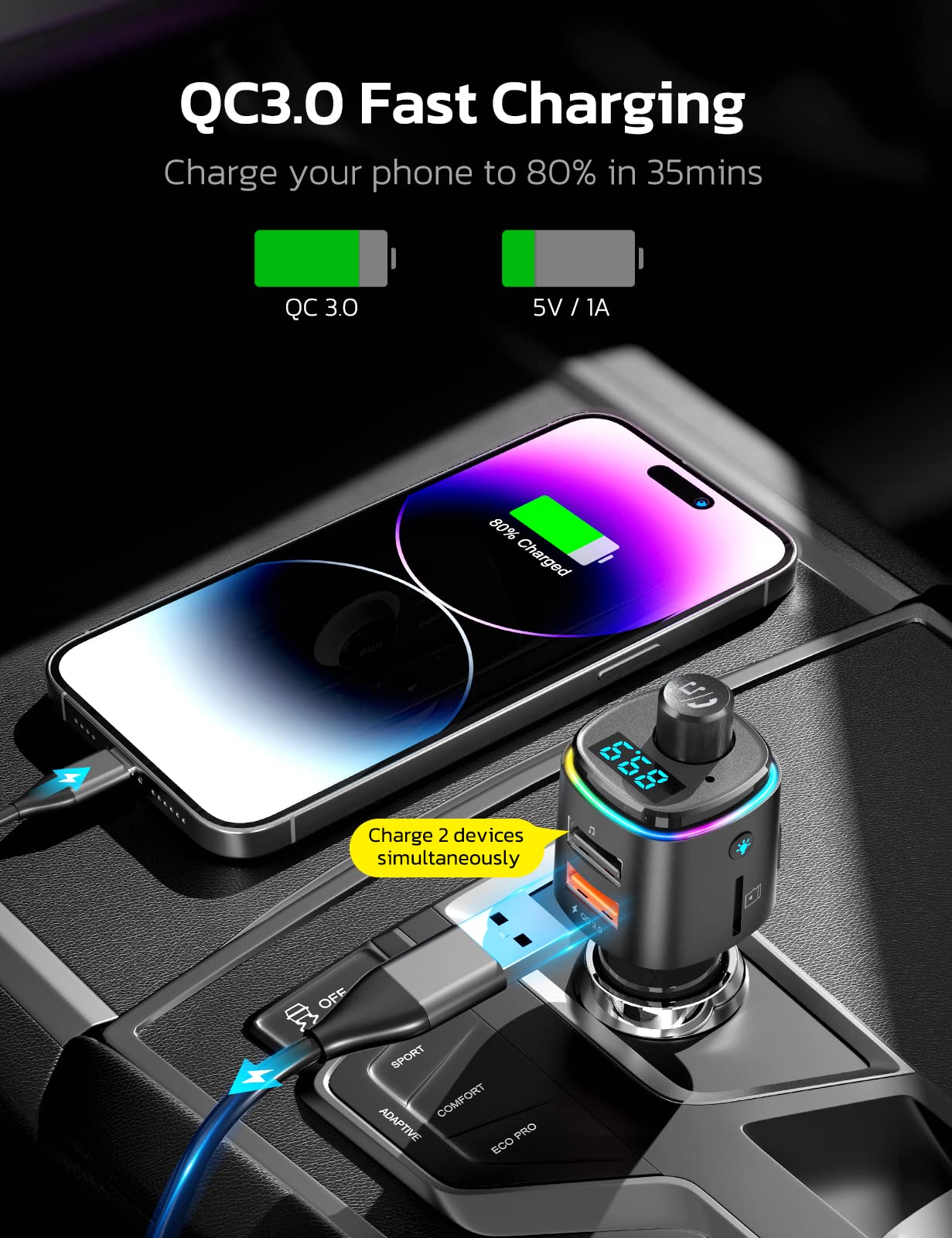 Nulaxy Bluetooth FM Transmitter for Car, 7 Color LED Backlit Bluetooth Car Adapter with QC3.0 Charging, Support Siri Google Assistant, USB Flash Drive, microSD Card, Handsfree Car Kit - NX09 Silver 2