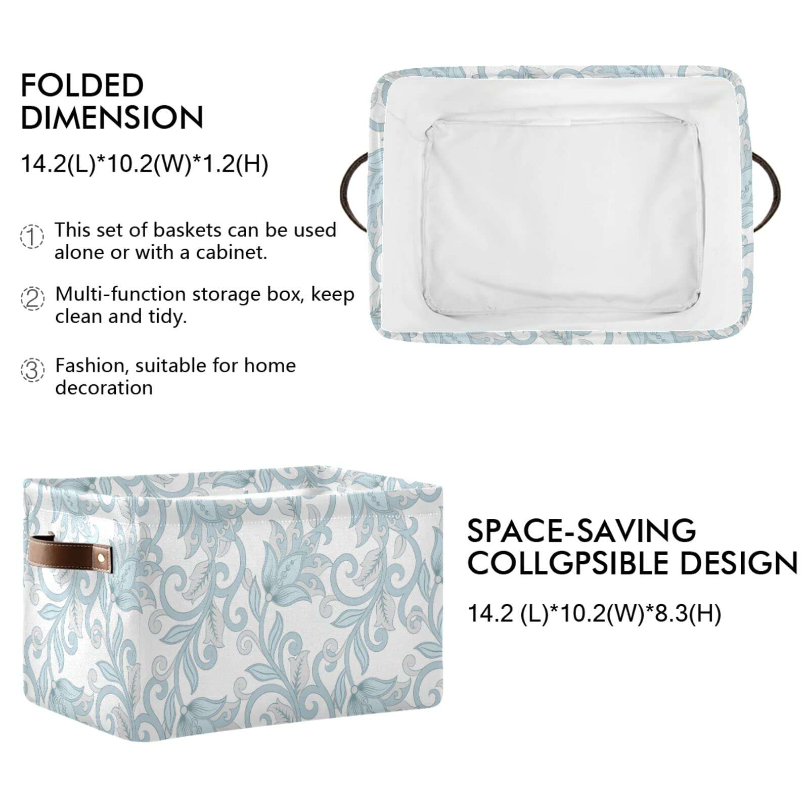 Kcldeci Floral Damask Style Blue White Flower Pattern Baskets for Organizing, Decorative Storage Boxes for Shelves, Rectangle Closet Baskets Box, Foldable Sturdy Storage Basket with Handle for Nurse 3