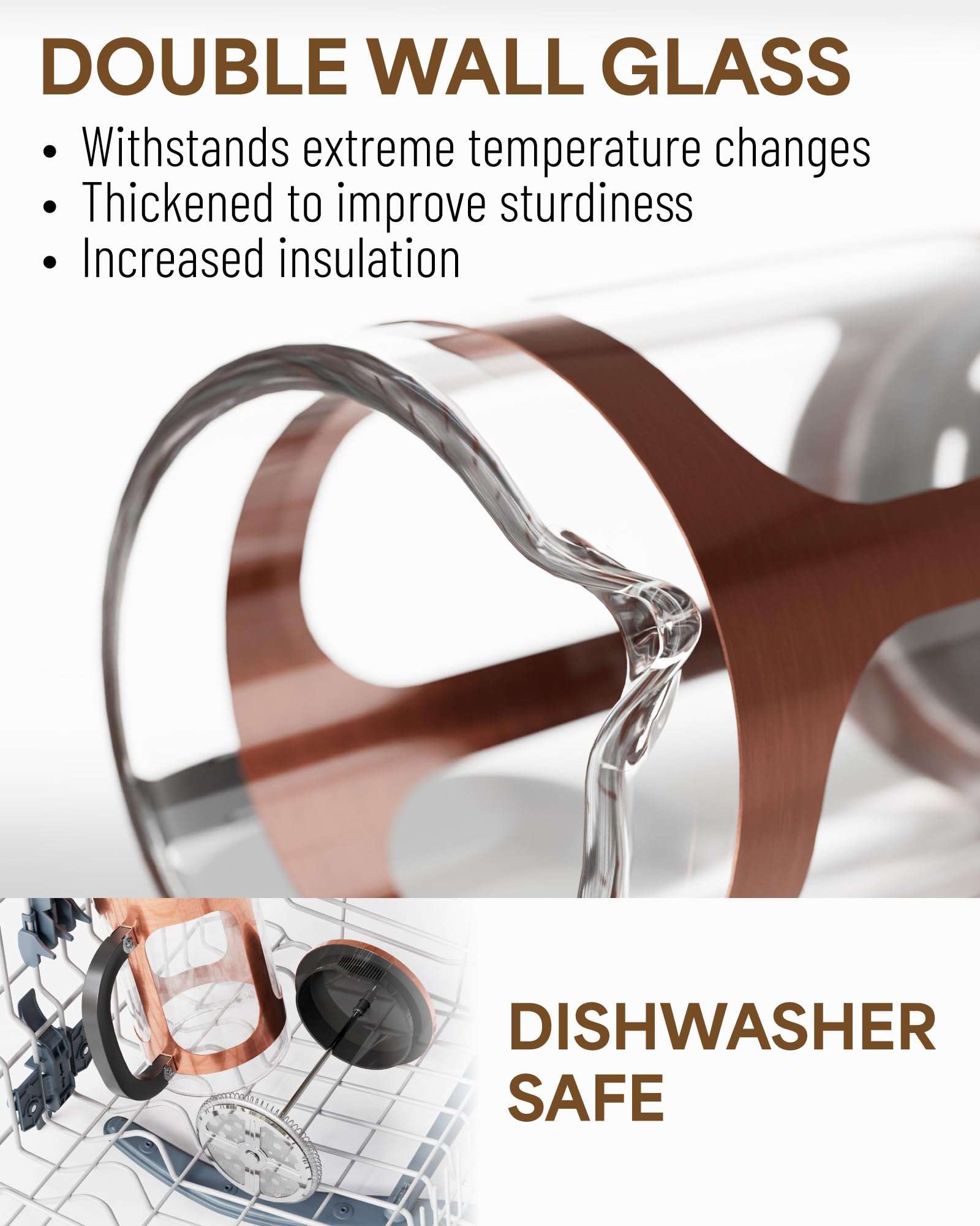 Veken French Press Plunger Coffee Maker Cafetière, Double Wall Heat Resistant Borosilicate Glass Coffee Press,Cold Brew Coffee Pot for Kitchen and Gifts, Dishwasher Safe, Copper (27 Ounce/800 ml) 3