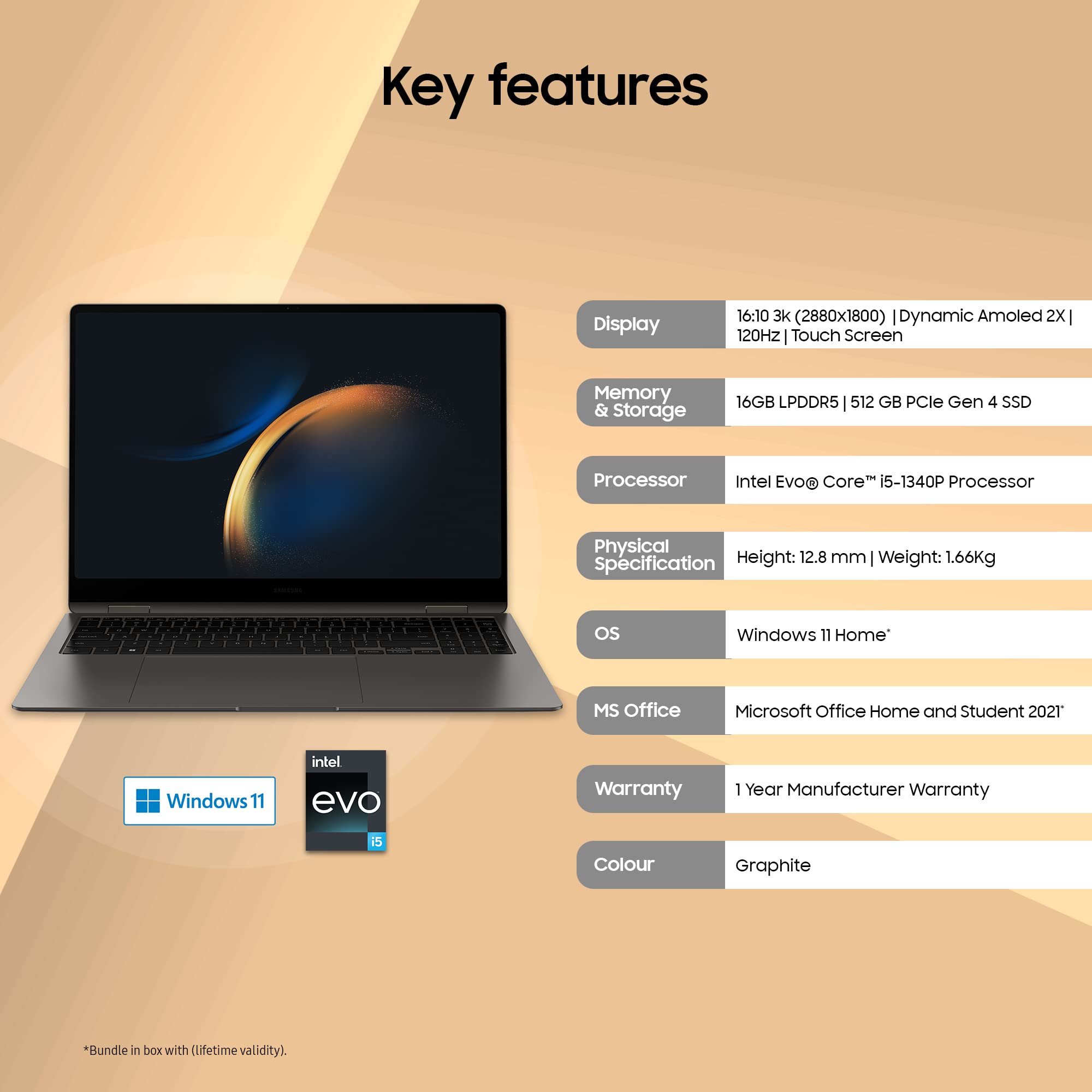 Samsung Galaxy Book3 Pro 360 Intel 13th Gen i5 EvoTM 40.62cm(16") Touchscreen 2-in-1 3K Display, 120Hz, Thin & Light Laptop(16 GB/512 GB SSD/Windows 11/MS Office/S-Pen/Graphite/1.6Kg), NP960QFG-KA2IN 2