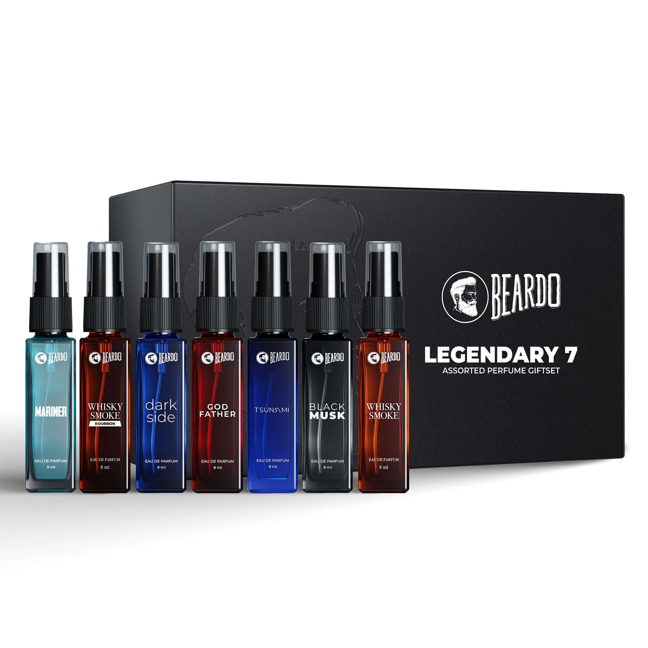 Beardo Legendary 7 Assorted Perfume Gift Set for Men 7X8ml with Long Lasting Fragrances | Travel Pack with Mariner Whisky Smoke Dark Side God Father Tsunami & Black Musk 1