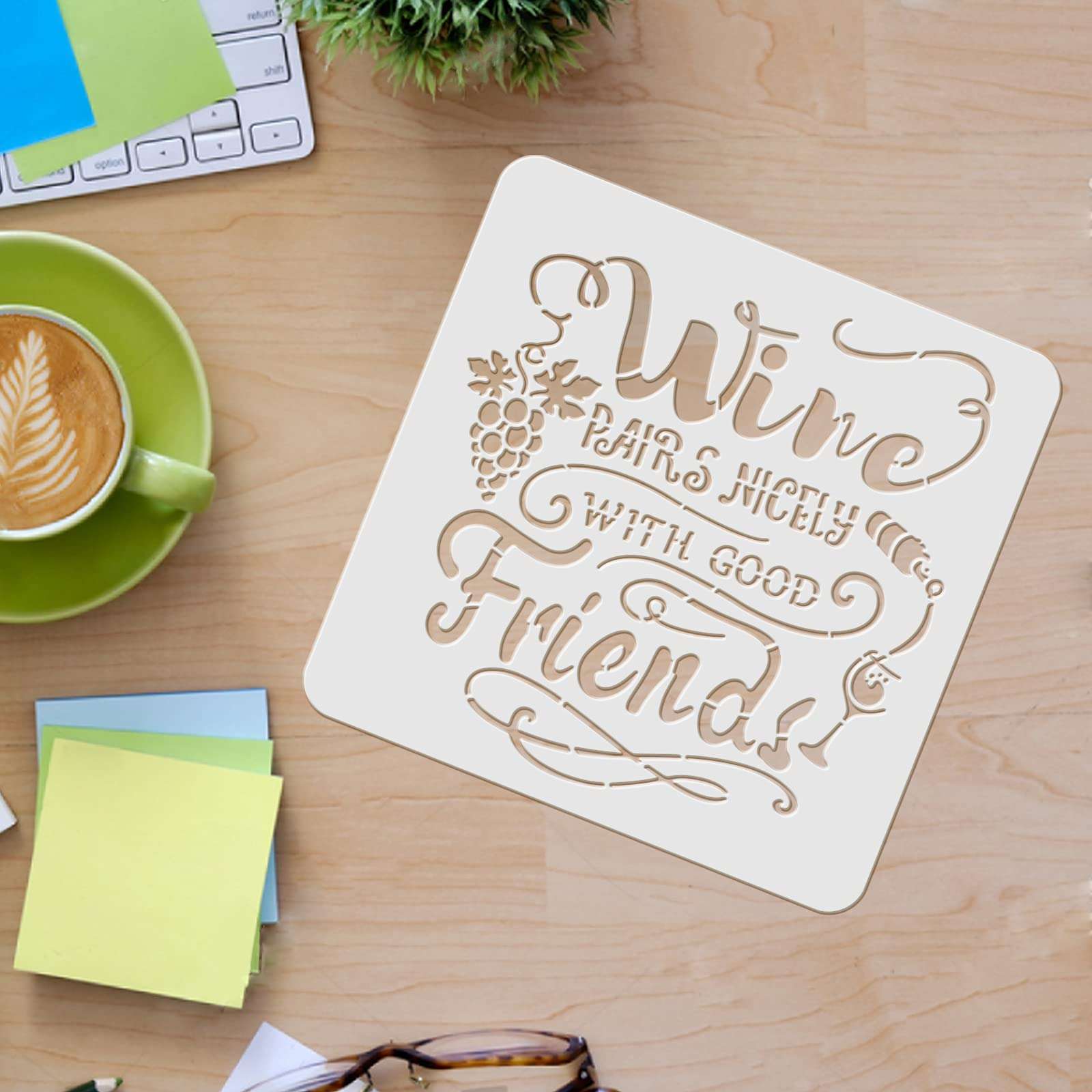 FINGERINSPIRE Wine Pairs Nicely with Good Friends Stencil 30x30cm/11.8x11.8inch Plastic Wine Grape Drawing Painting Stencils Square Reusable Stencils for Painting and DIY Projects 4