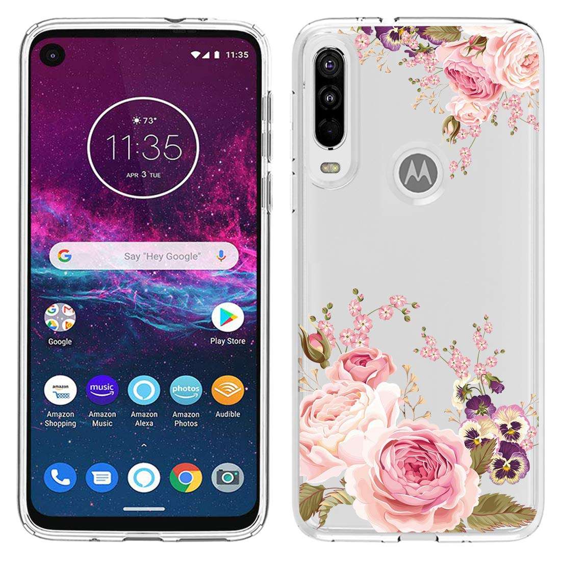 Ueokeird Case for Motorola One Action,Moto P40 Power Case, Slim Shockproof Clear Soft Flexible TPU Back Floral Phone Protective Case Cover for Motorola Moto P40 (Rose Flower) 4