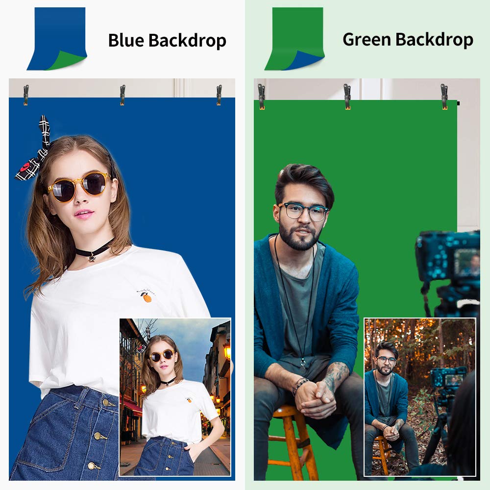 JEBUTU Blue Green Screen Backdrop with Stand, 6.5x5ft(HxW) Green Screen Stand, Portable 2-in-1 Blue Greenscreen Background with T-Shape Backdrop Stand, Clips & Carry Bag for Streaming Zoom Photography 6