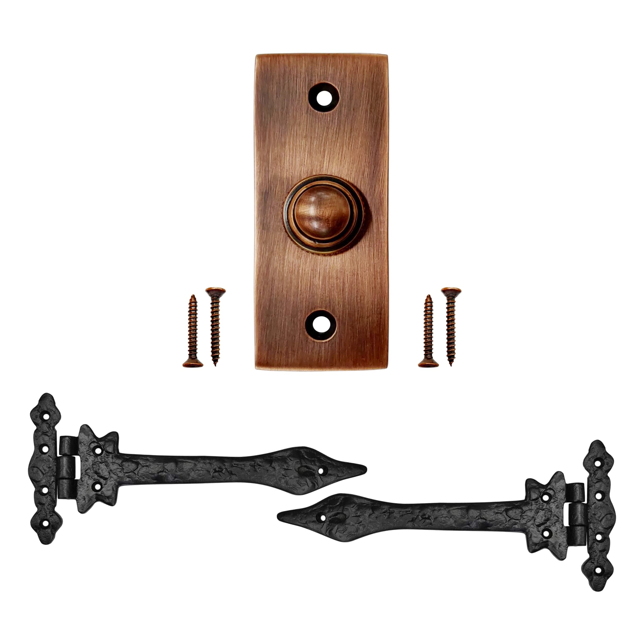Akatva Doorbell Button with T Hinge Set – 2 Pieces Gate Hinges for Wooden Fences Heavy Duty – Bell Push Button – Doorbell Button Wired – Barn Hinges for Doors – Black Hinges – Antique Copper Finish 1