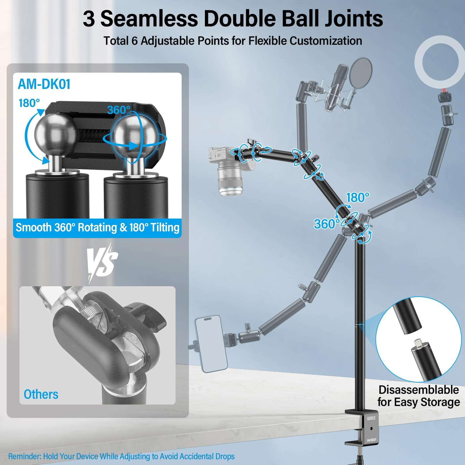 SIRUI 40" Overhead Desktop Mount w C-clamp, Heavy Duty Articulating Arm Camera Desk Mount, Flexible Magic Arm w Dual Ball Head, Boom Arm for Action Camera Ring Light Microphone Webcam Phone, AM-DK01 5