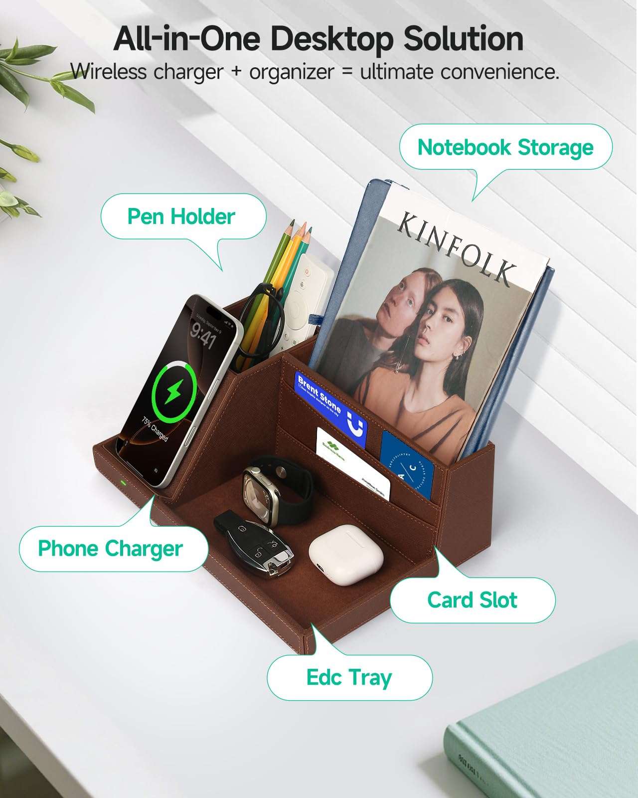 Fast Wireless Charging Station with Desk Organizer for iPhone 17/16/15/15 Pro/14/14 Pro Max/14 Pro/14 Plus/13/13 Pro Max/13 Pro/and iPhone 12/11 Series, Nightstand Desktop Organizer, Brown 5