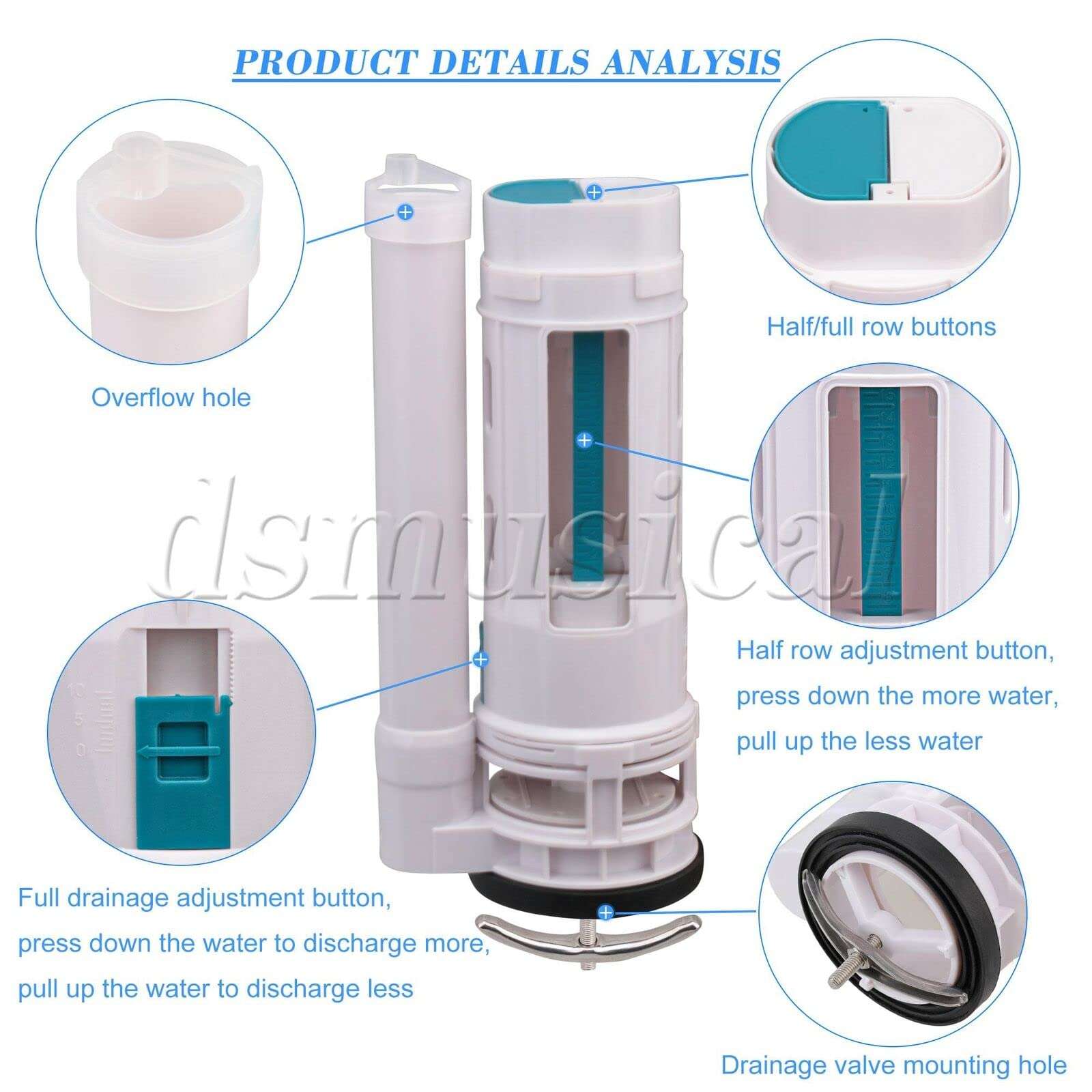 Siamese Double Press Shape Toilet Drain Valve Replacement Parts White 5