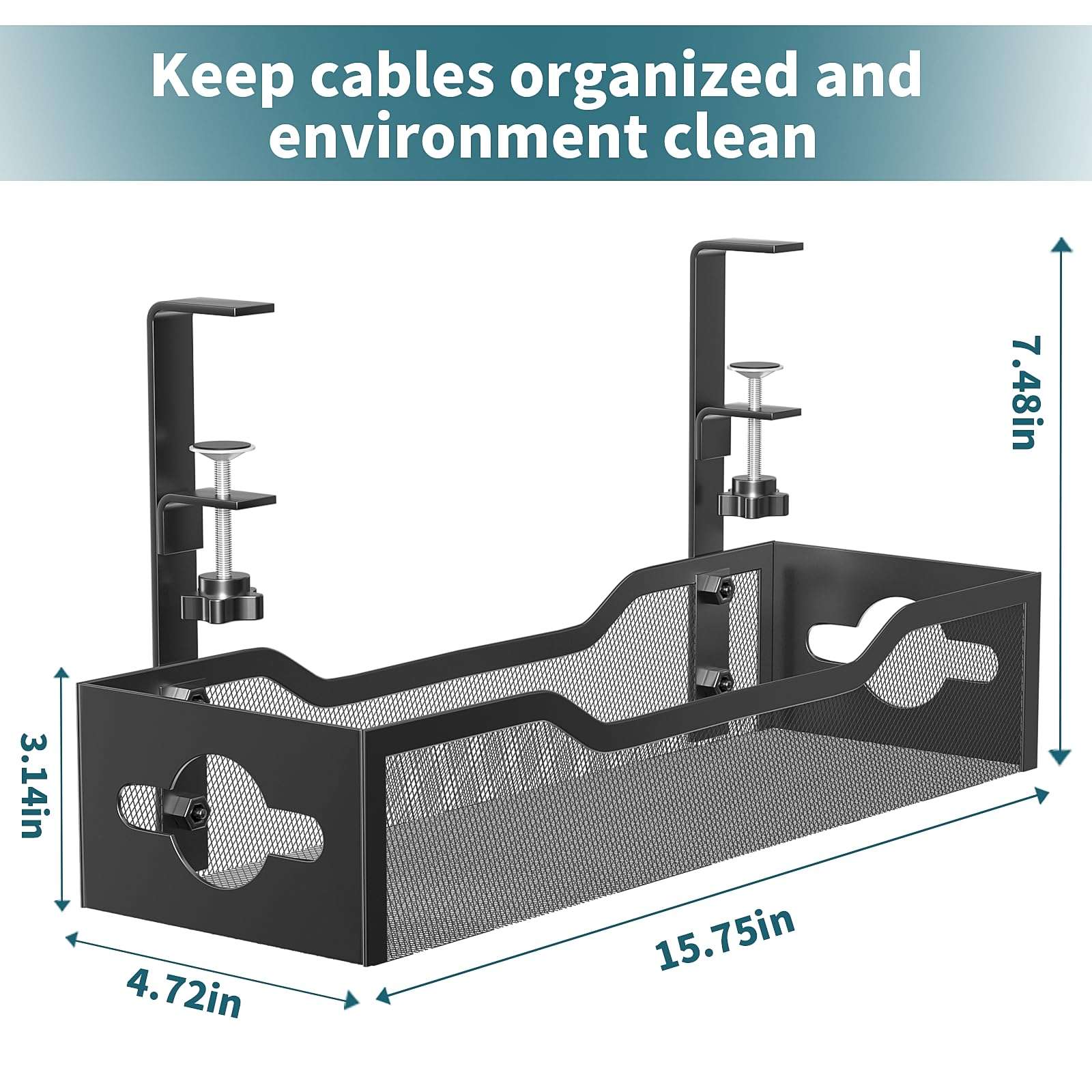 Under Desk Cable Management Tray Black, Litwaro Cable Management Under Desk No Drill, Cable Organizer with Clamp for Wire Management, Cord Organizer No Damage to Desk for Office, Home 6