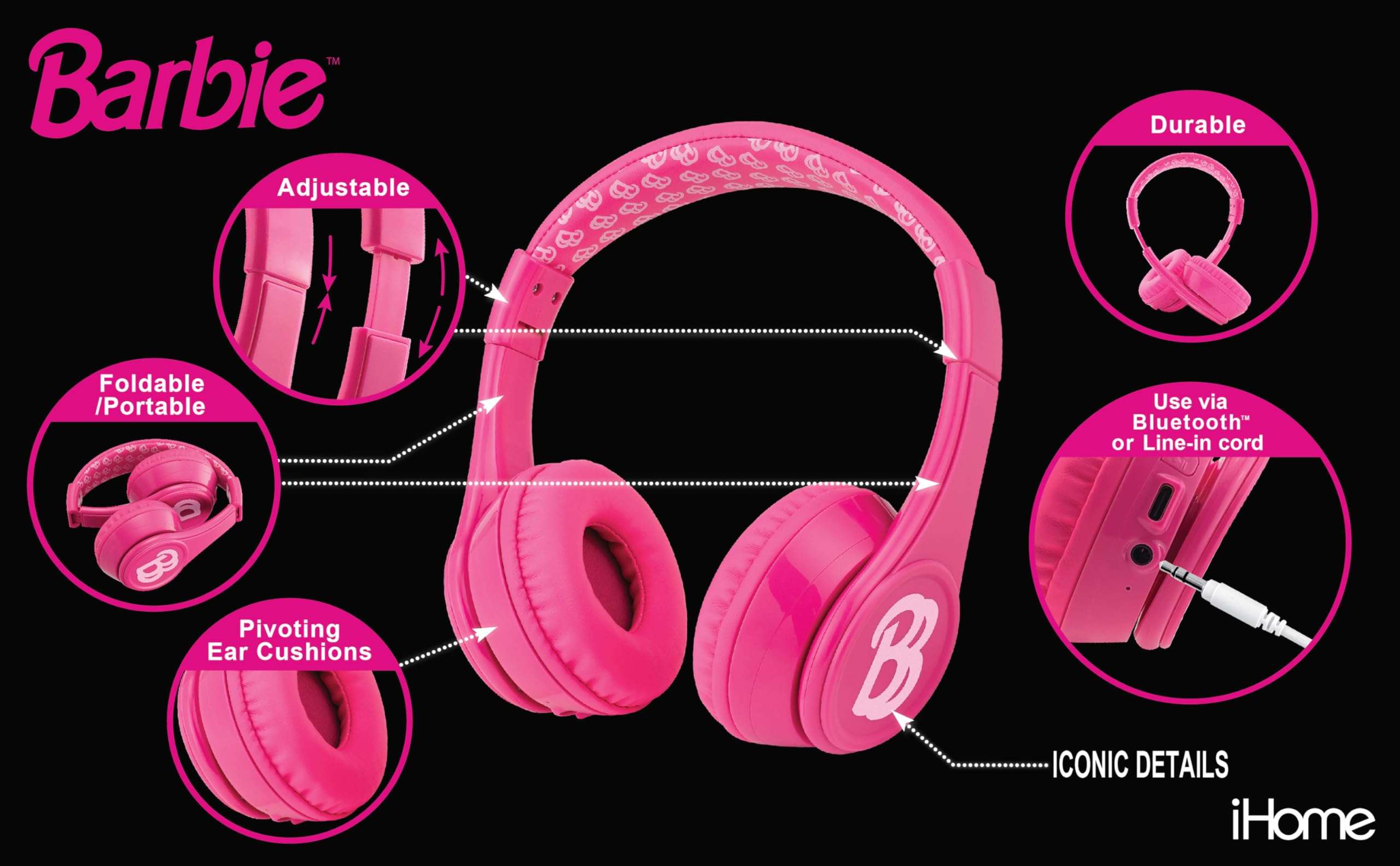 eKids Barbie Bluetooth Headphones, Pink Wireless Headphones with Microphone Includes Aux Cord, Volume Reduced Kids Foldable Earphones for School, Home, or Travel 2