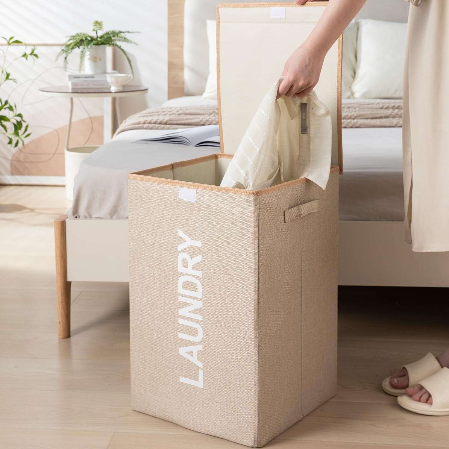 ZOVIRA 75L Laundry Basket for Clothes Non Woven Laundry Bin Laundry Bags for Clothes Freestanding Clothes Storage Organizer for Bedroom Basket for Clothes Cloth Bin Bag (Beige) 6