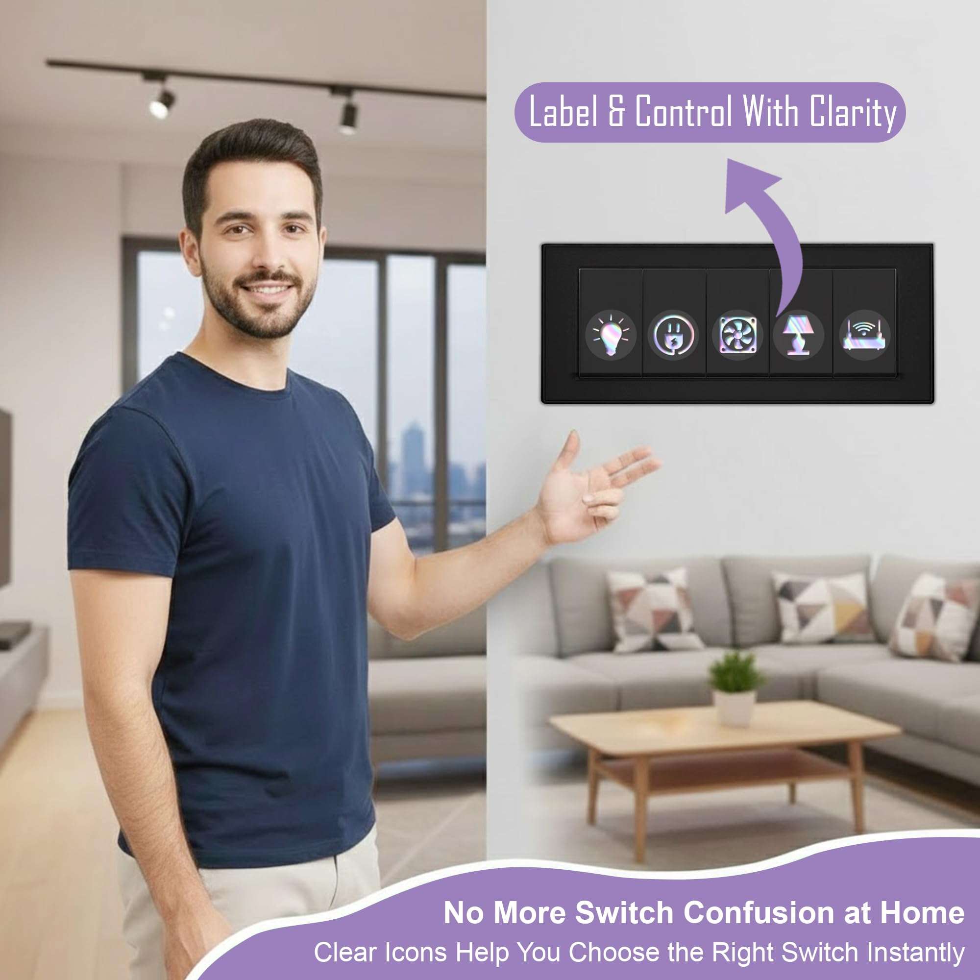 GLUN® 600 Switch Board Stickers with 60+ Icons, Prism Glow Effect Embossed Decorative Stickers for Home, Hotel, Office & School, Luxury Vinyl Self Adhesive Switch Covers for Fans & Appliances 4