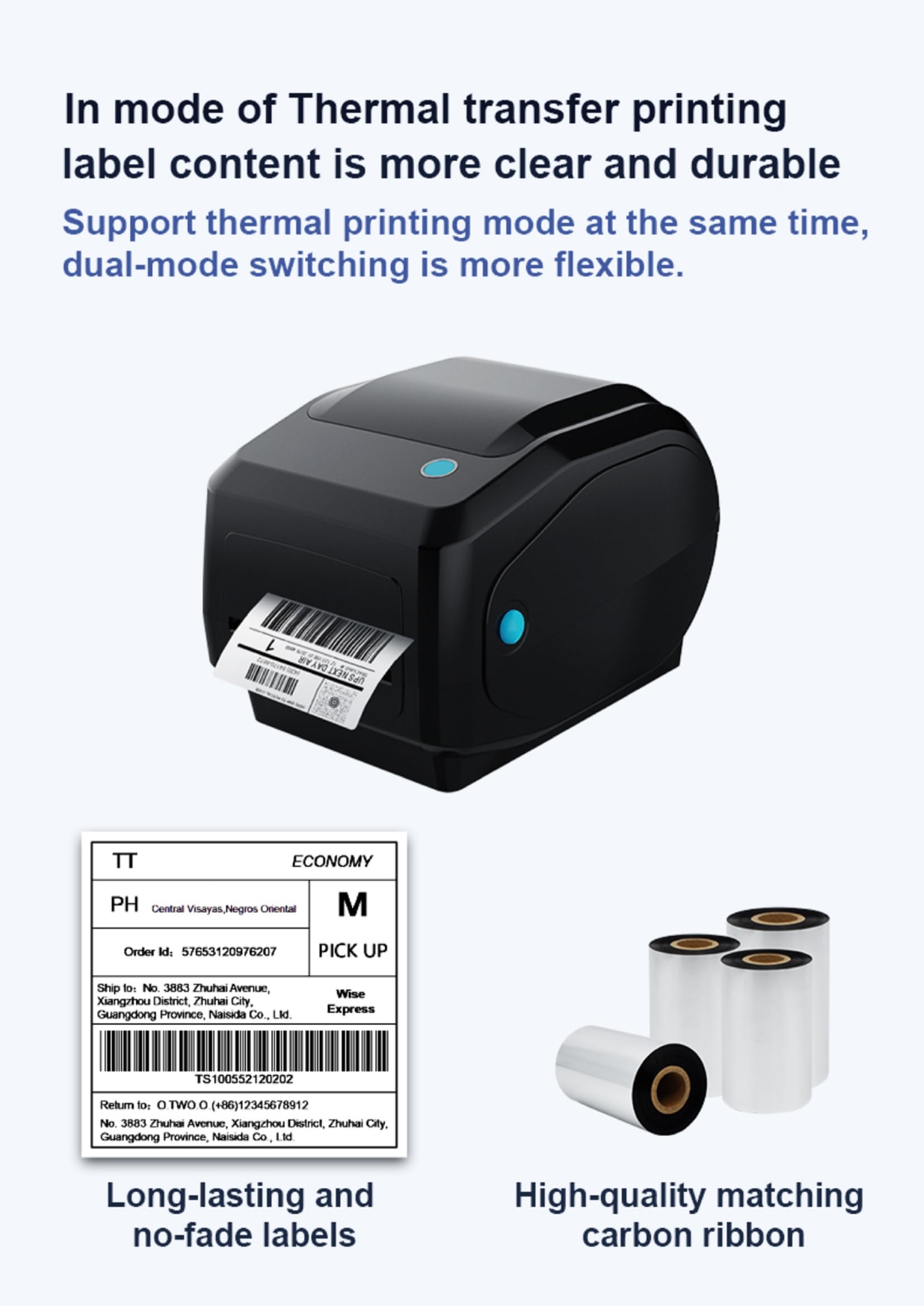 HQMS TD-403T Desktop Thermal Label Printer, 4-inch Width, 203 DPI, Black, Multiple Interface Support with WiFi Bluetooth USB, Thermal Transfer Barcode Printer for Labelling Solution 6