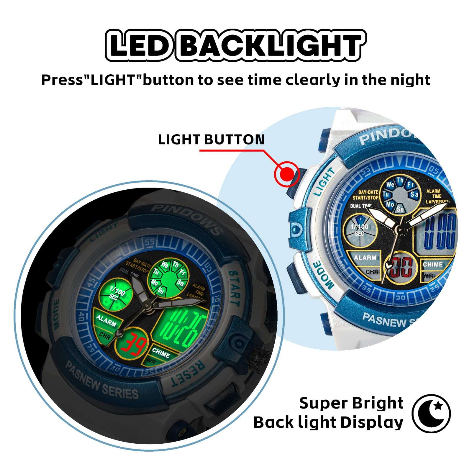 Digital Sport Watch for Boys Girls, Waterproof Sports Outdoor Kids Dual Display Wristwatch with LED Light Alarm Stopwatch (White) 4