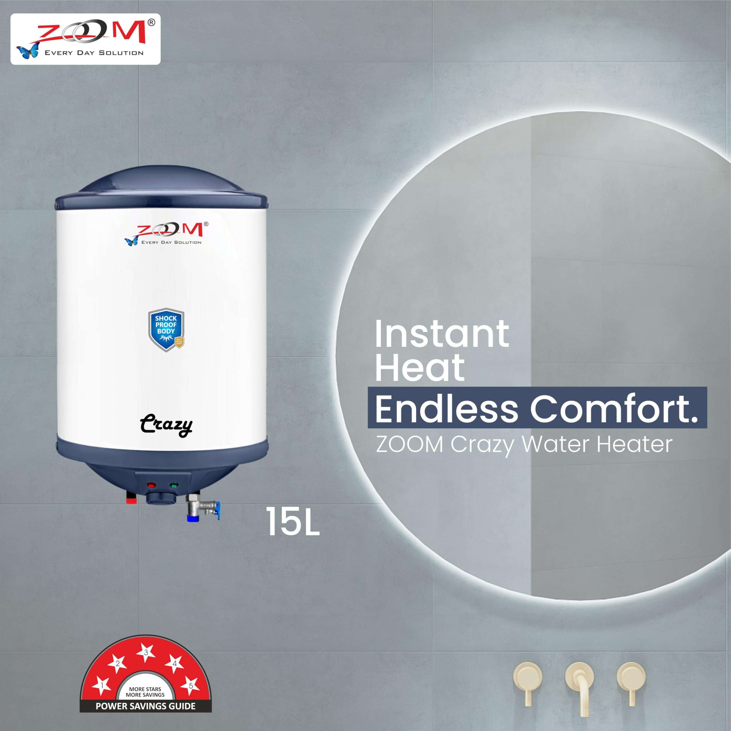 ZOOM Crazy 15 Litre Storage Water Heater Electric Geyser for Home/Bathroom | 5 Star Rating (BEE) | Shock Proof ABS Body | Glassline Tank | 8.5 Bar Pressure | 2 KW | 2 Yr Product + 7 Year Tank Warranty 3
