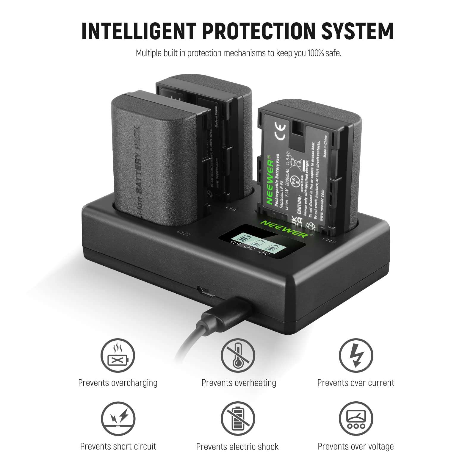 NEEWER LP-E6 Replacement Battery and Charger Set, 3 Pack 2000mAh Replacement for LP-E6 LP-E6N & Triple Slot USB Charger Compatible with Canon EOS 5D Mark II Mark III Mark IV 5D SR 60D 60Da 6D 70D 7D 4