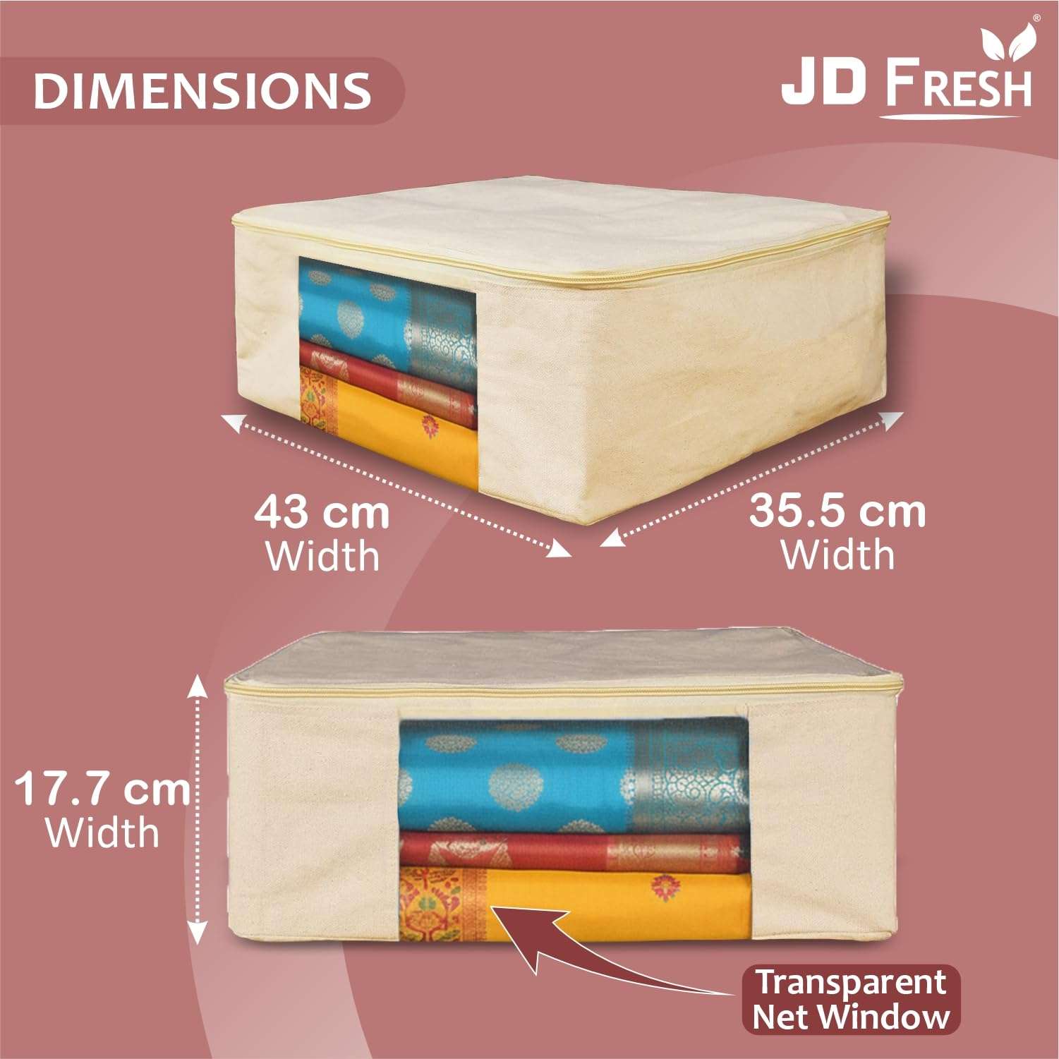 JD FRESH 4 Pcs Cotton Saree Cover for Wardrobe/Space Saving Bag with Zip Closure & Big Transparent Window/Wardrobe-Cupboard Organizer for Clothes/Bedsheets/Lehengas (17 X 14 x 7 Inch, Off White) 3