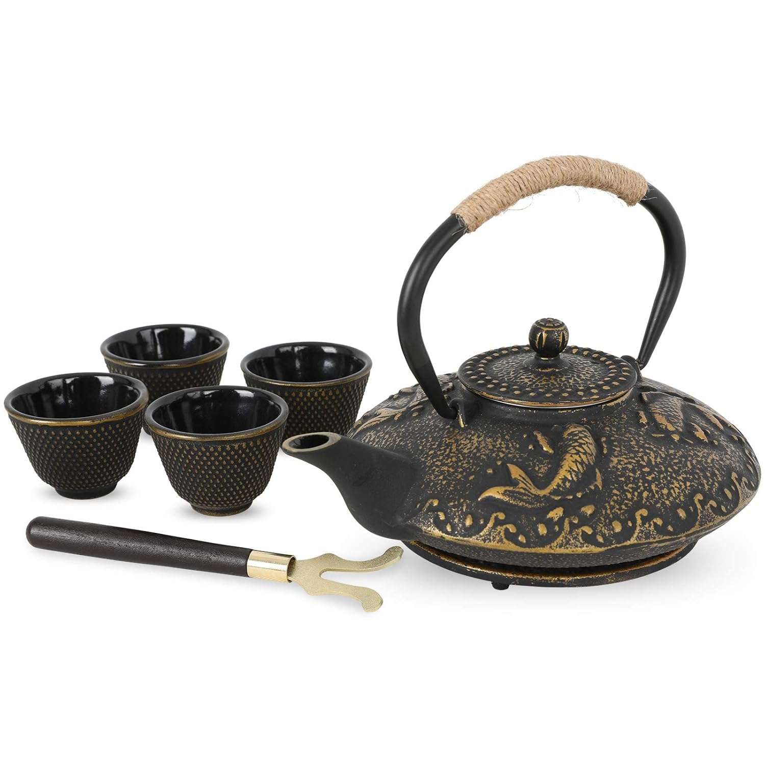 Mokshith Cast Iron Teapot Set, 26 oz/750 ml Japanese Style Teapot with Infuser and Warmer, Tea Pot | Tea Kettle Coated with Enameled Interior, Large Cast Iron Kettle, Iron cast Teapot Warmer (MO -03) 1