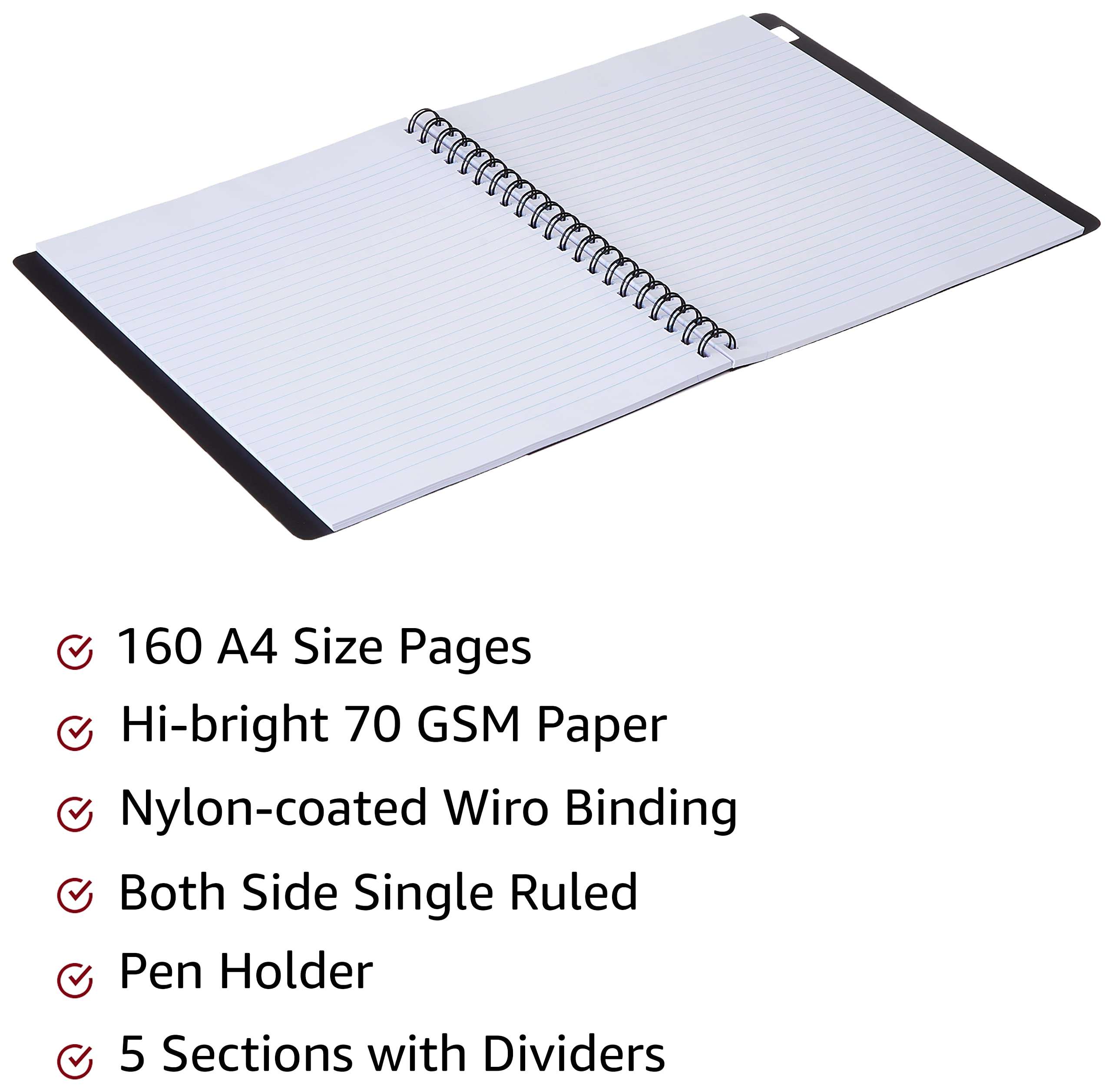 Amazon Brand - Solimo Wirebound Notebook, A4 Size,160 Pages, Single Ruled, 70 GSM Paper 3