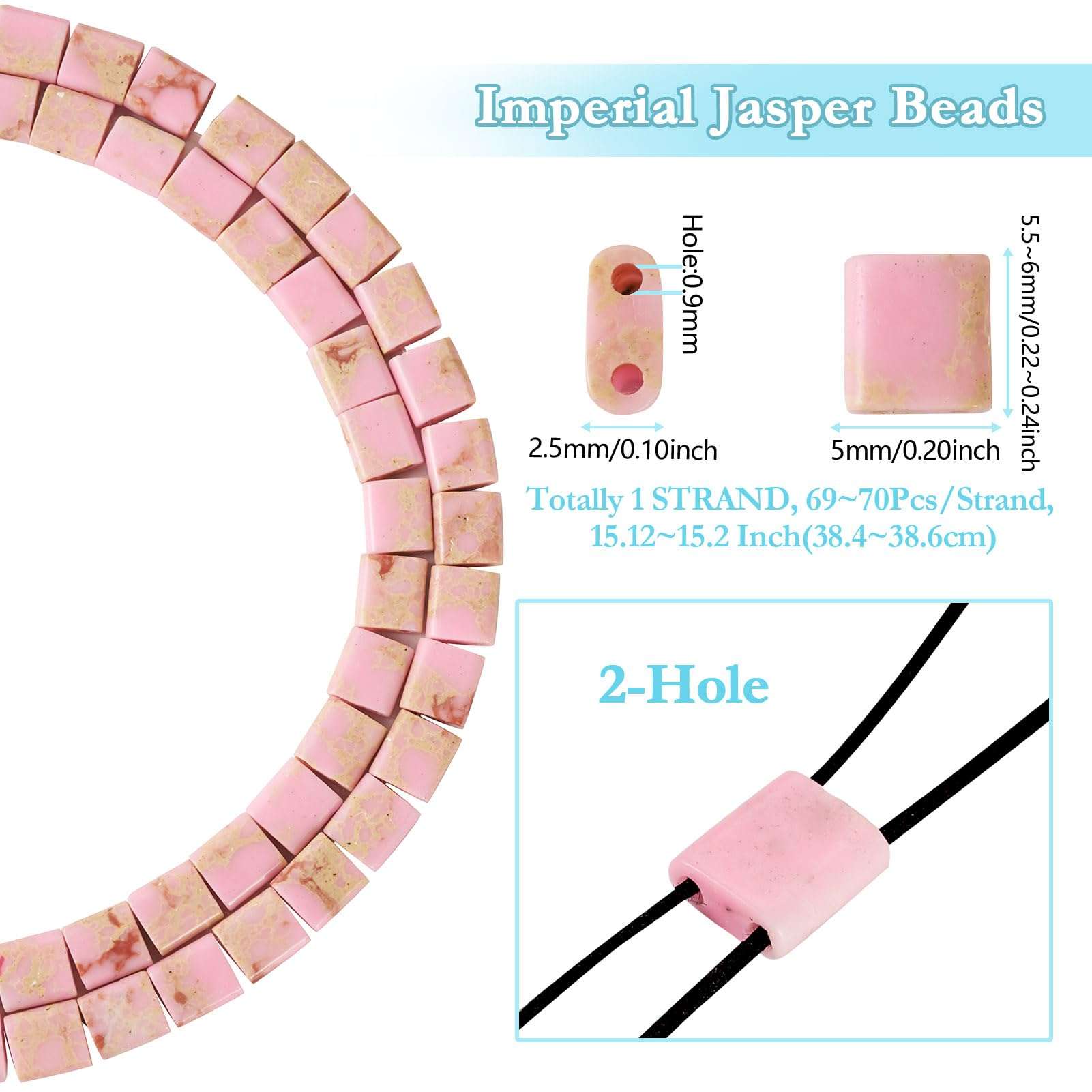 Magibeads 69Pcs 5mm Gemstone Beads Square Tila Beads Pink Jasper Beads 2 Hole Stone Seed Beads for Crafts DIY Multi Strand Elastic Bracelets Jewelry Making Supplies 5