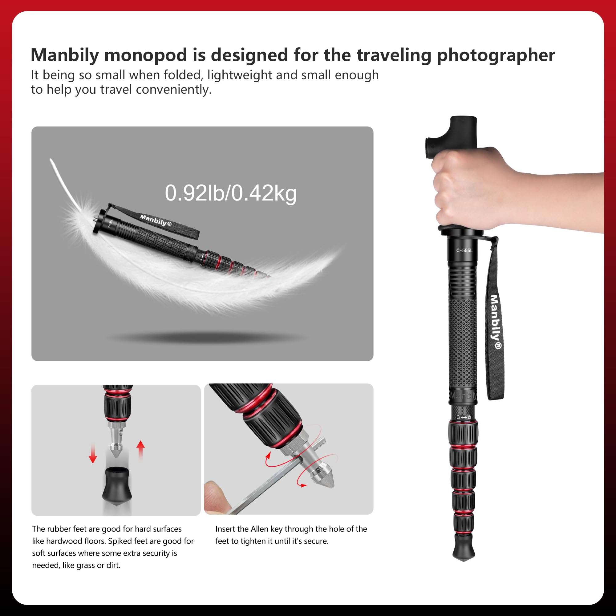 Manbily Carbon Fiber Camera Monopod, Portable Compact Lightweight Travel Monopod with Walking Stick Handle for DSLR Canon Nikon Sony Video Camcorder, 28mm Thick Leg, Max Load 22 lbs/10kg 6