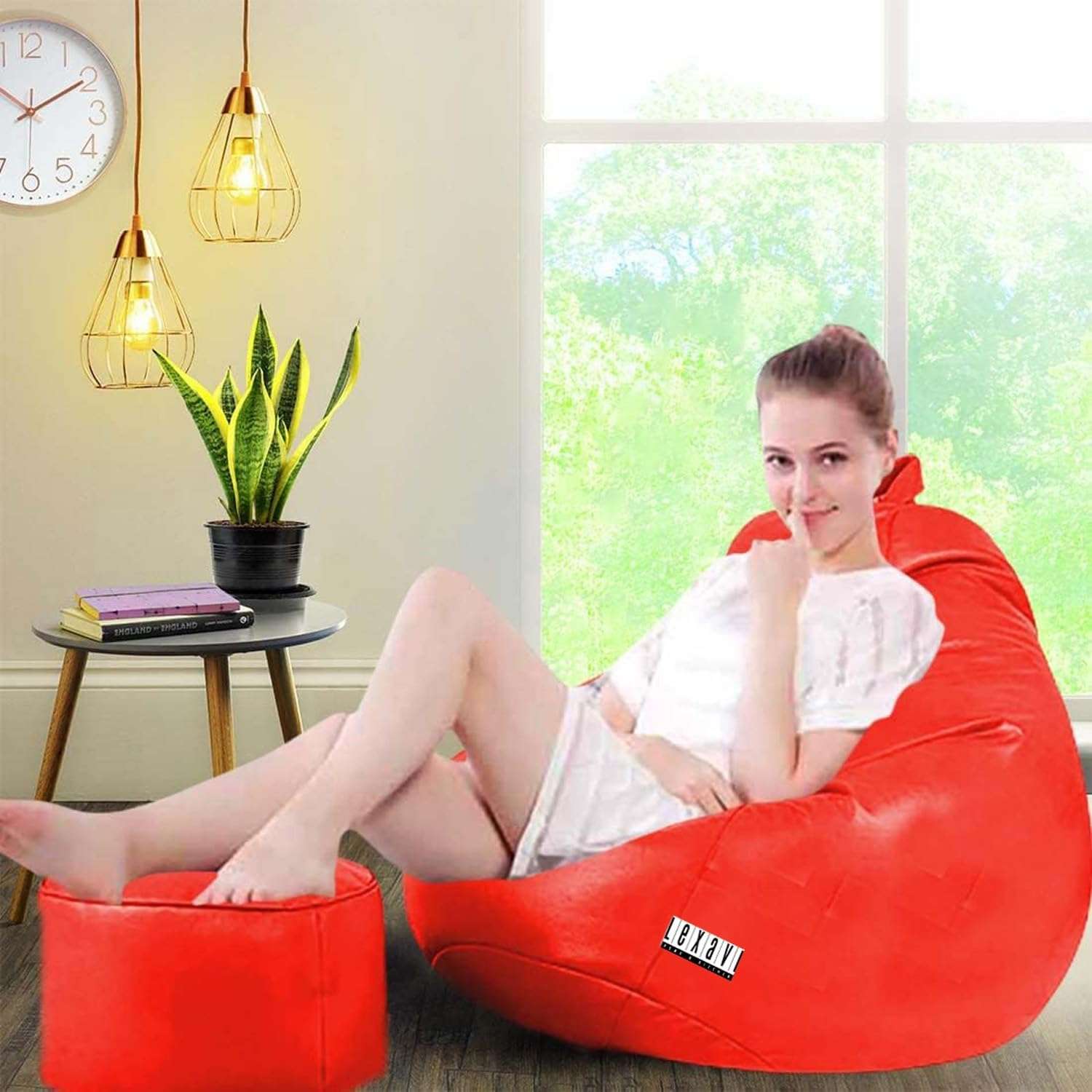 LEXAVI Brand Origial Faux Leatherette| 6 Month Warranty | Quality 4XL Bean Bag with Footrest & Comfy Cushion Filled with Beans (Ready to Use) Special for Corporate & New Year Gifts (Red) 1
