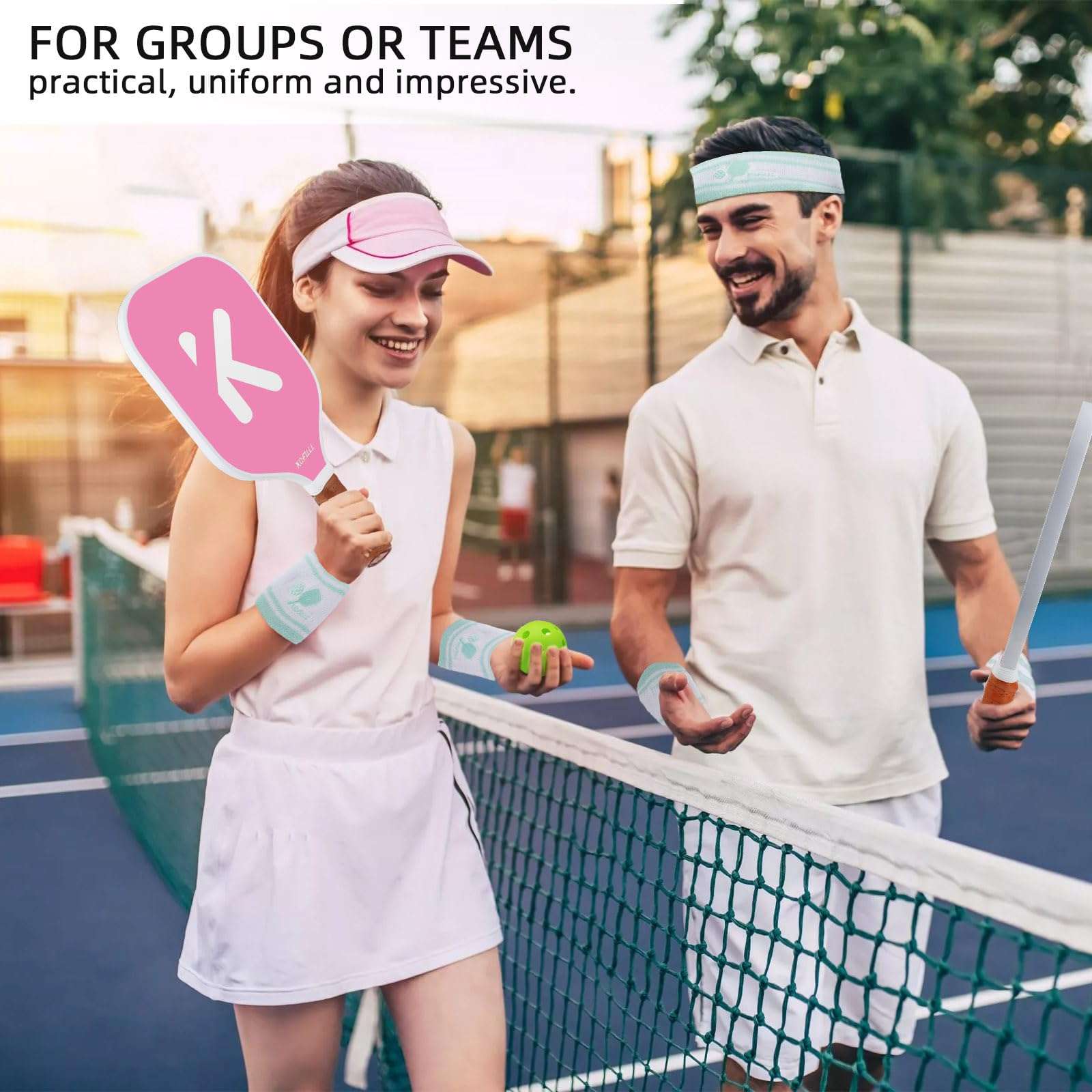 KOFULL Pickleball Sweatbands, Pickleball Headband, Tennis Headband, Pickleball Gifts for Pickleball Golf Tennis, Sweatbands Headband Wristband Set (Sweat Bands Headbands Men Women), Light Green 4