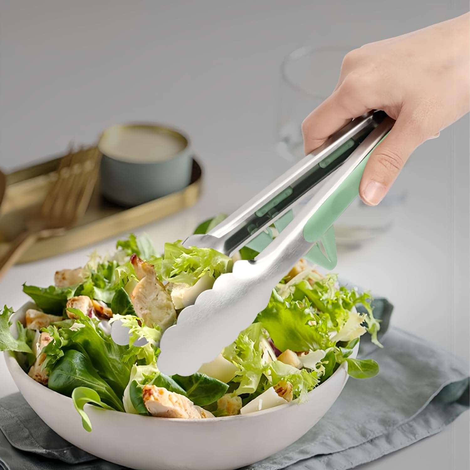 Kitchen Grilling Tongs 9"+12”, 2Pcs Stainless Steel Tong for Cooking with Stand, Food Grade Small Serving Tong for Barbecue Salad, Green 6