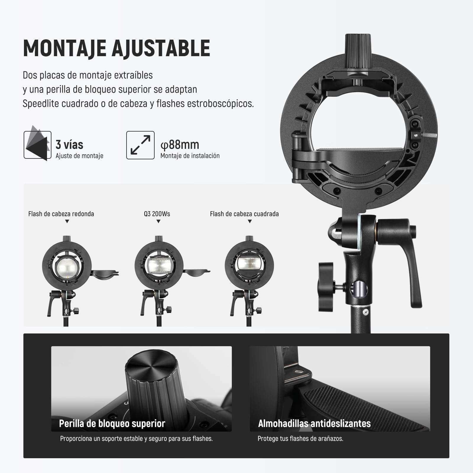 NEEWER CRB1 S Type Bracket Holder with Bowens Mount & Umbrella Hole for Z2 Z1 Z760 NW760 NW700 TT560 Q3 Square Head Round Head Flash Speedlite Compatible with Godox AD200Pro V1 4