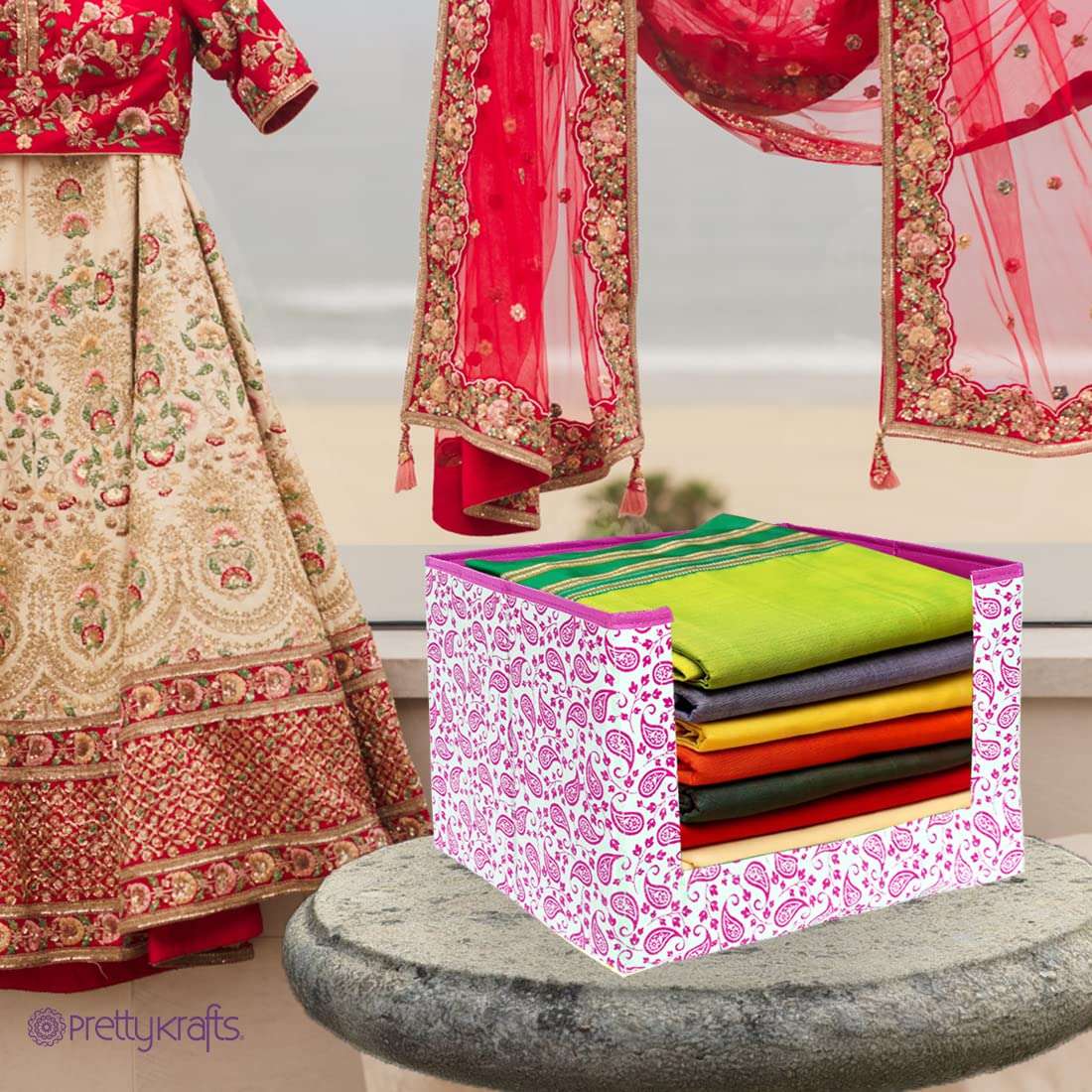 PrettyKrafts Saree Stacker, Foldable, Wardrobe organizer, Clothes Storage, Stackable and Foldable Pink Leaves, Set of 2 6