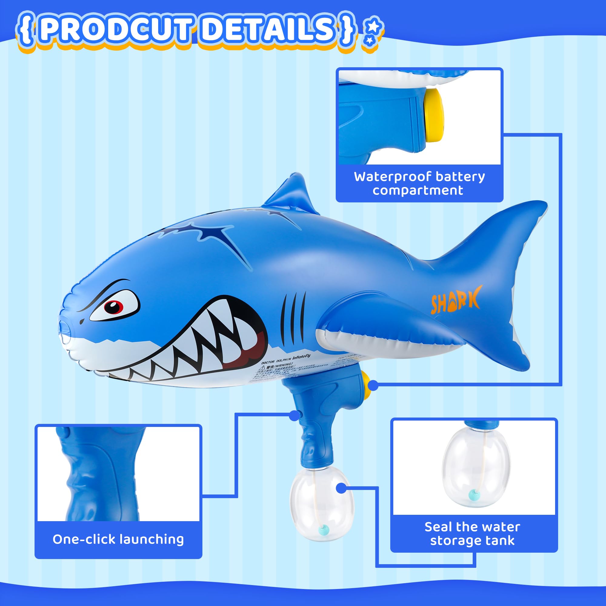 INFLATEFLY Water Guns for Kids Large Outdoor Water Toy Gun for Swimming Pool Beach Inflatable Squirt Gun for 3 Years Old and up (Shark) 4