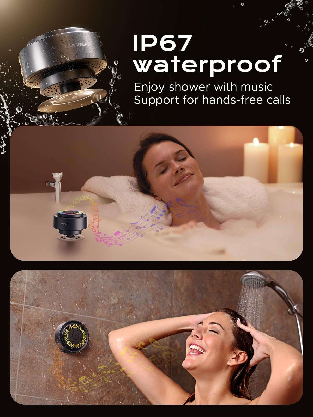Certified IP67 Waterproof Bluetooth 5.3 Shower Speaker, FuriFast Suction Cup Mini Bluetooth Shower Radio with Mic for Bathroom, Dynamic LED Lights and Dual Stereo Pairing, Space Grey 4