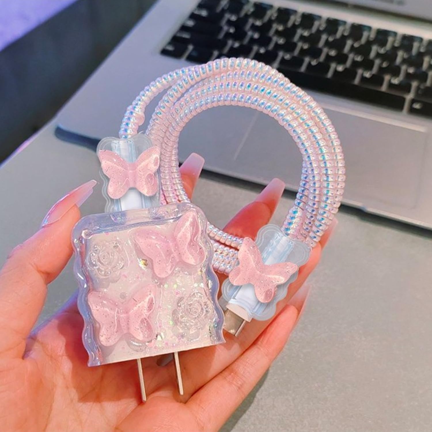 Seanai 5in1 18W/20W Charger Case Compatible with Apple 20W Power Adapters, Lovely Charger Cover & Cable Protector for iPhone Pro Max & MacBook Neo 13 Inch Charging Cables, Pink Crystal Butterfly 6