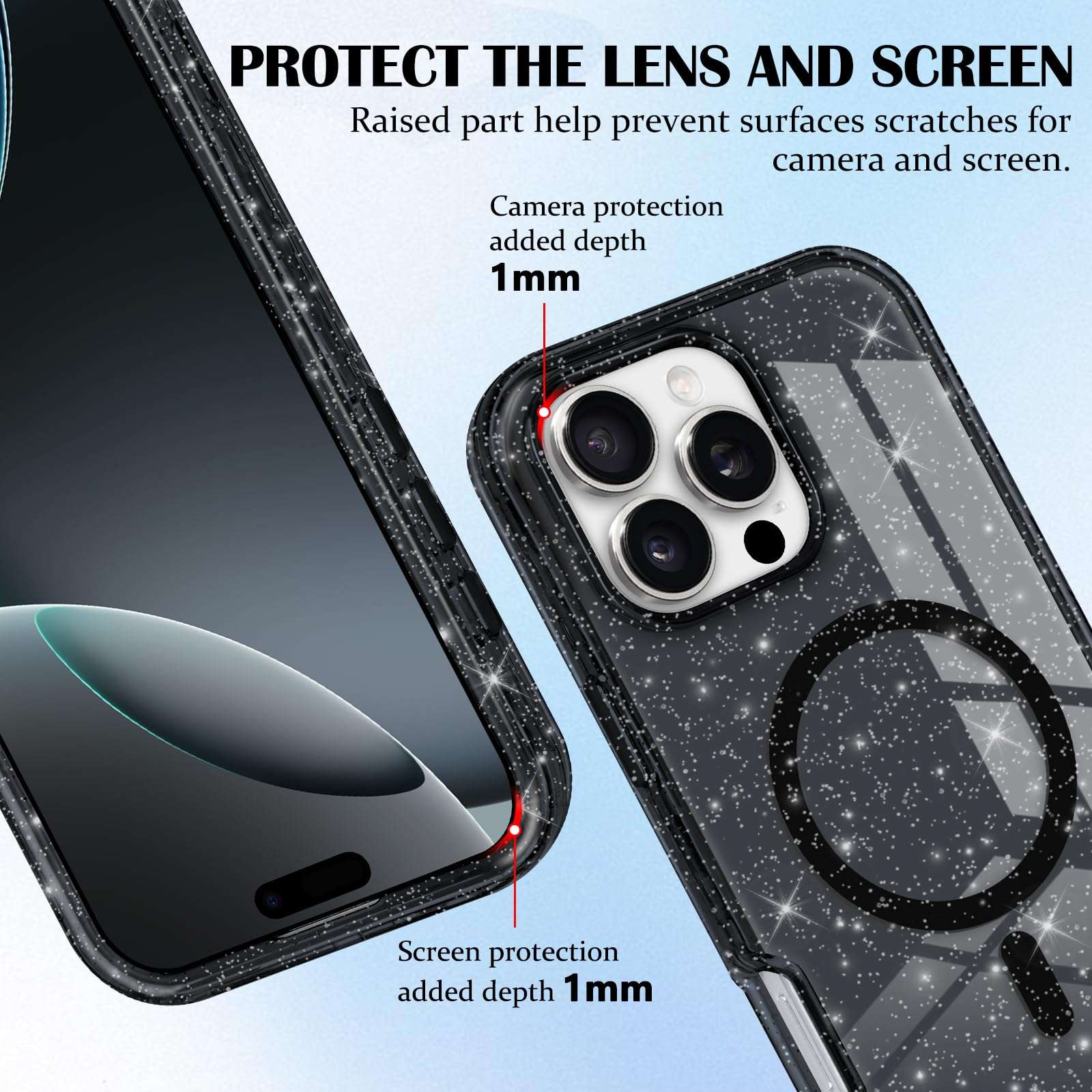 Newseego for iPhone 16 Pro Max Magnetic Case, Luxury Sparkle Bling Glitter Clear Case for Women Girls Men Full Body Drop Protection Bumper Shockproof Cover for iPhone 16 Pro Max-Black 5