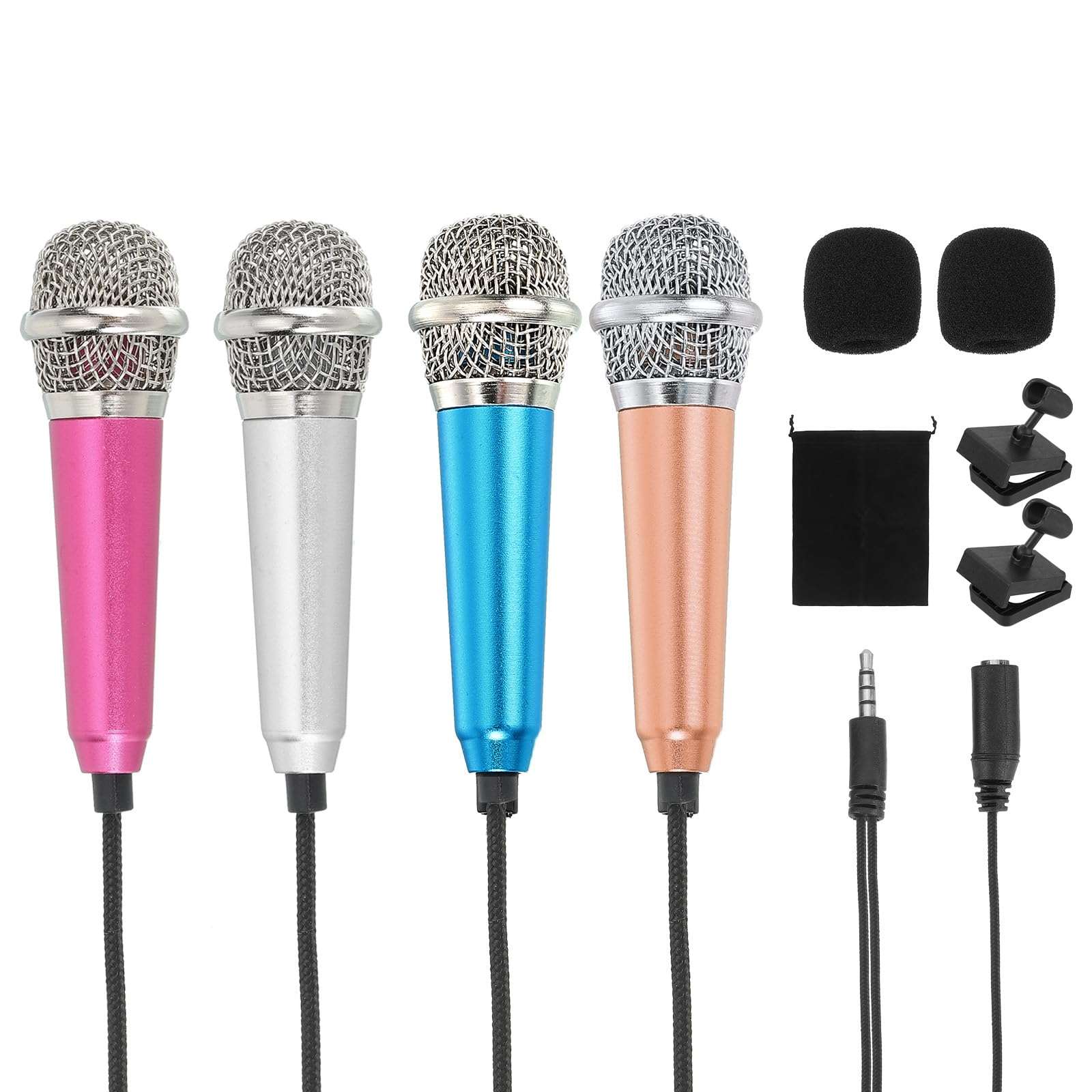 MECCANIXITY 4Pcs Mini Microphone, Mic Tiny Microphone with Sponge Cover, Holder and Drawstring Bag Portable for Karaoke Voice Video Recording Singing (Rose Red/Silver/Blue/Gold) 1