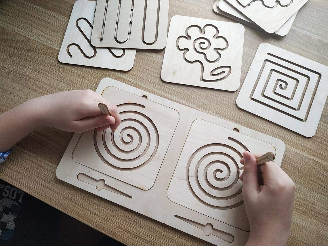 Whittlewud Pack Of 1 Montessori Material Wooden Tracing Board, Writing Skills Stencil Set, Interhemispheric Board, Preschool Educational Toy Learning To Write Lines & Shapes - Kids 5
