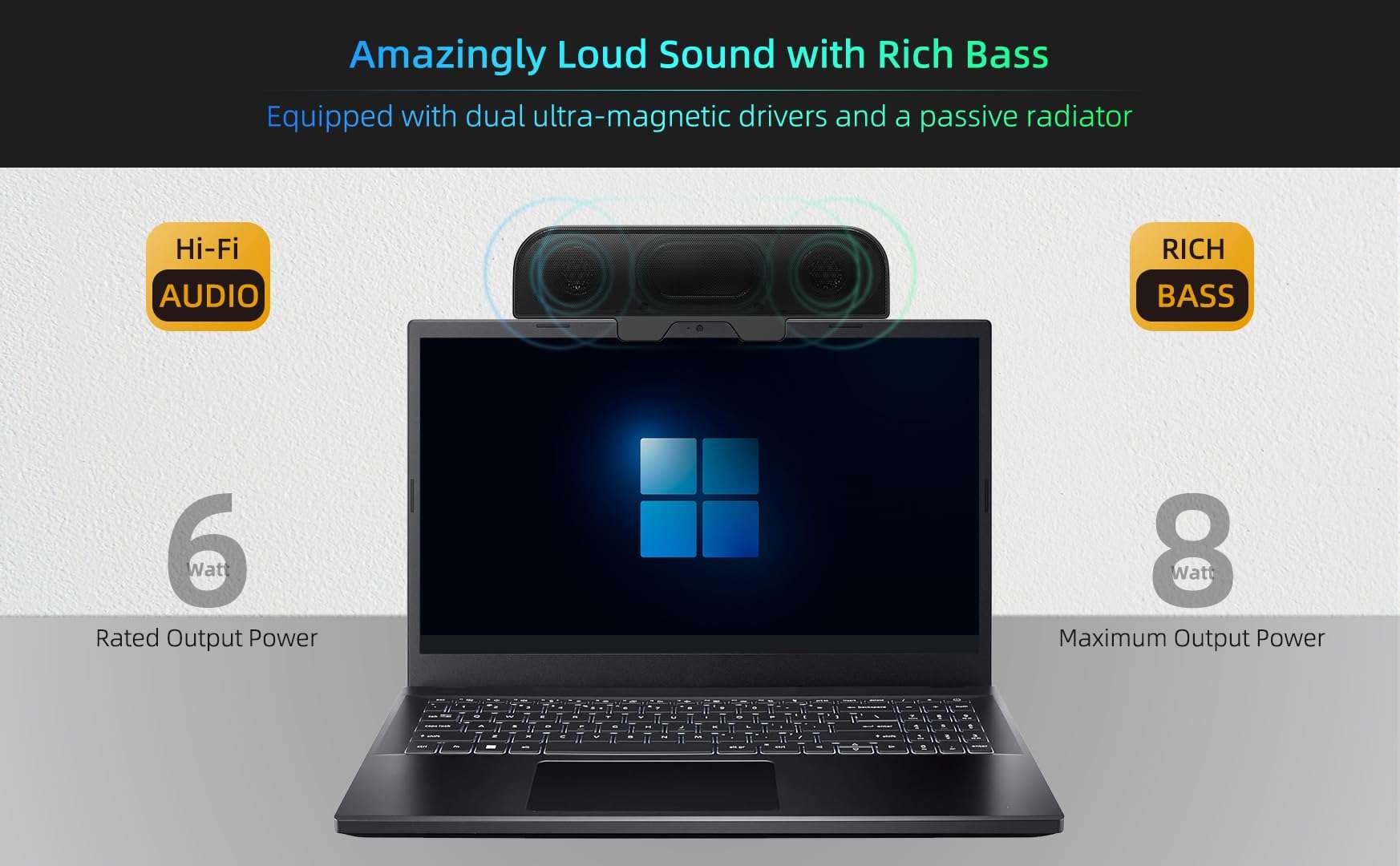 Computer Speakers for Desktop PC, Monitor Speakers, USB Plug-in, Wired, External Speaker for Laptop, Small Computer Soundbar for PC, with Loud Sound, Deep Bass, USB-C Adapter, Easily Clamp to Monitor 3