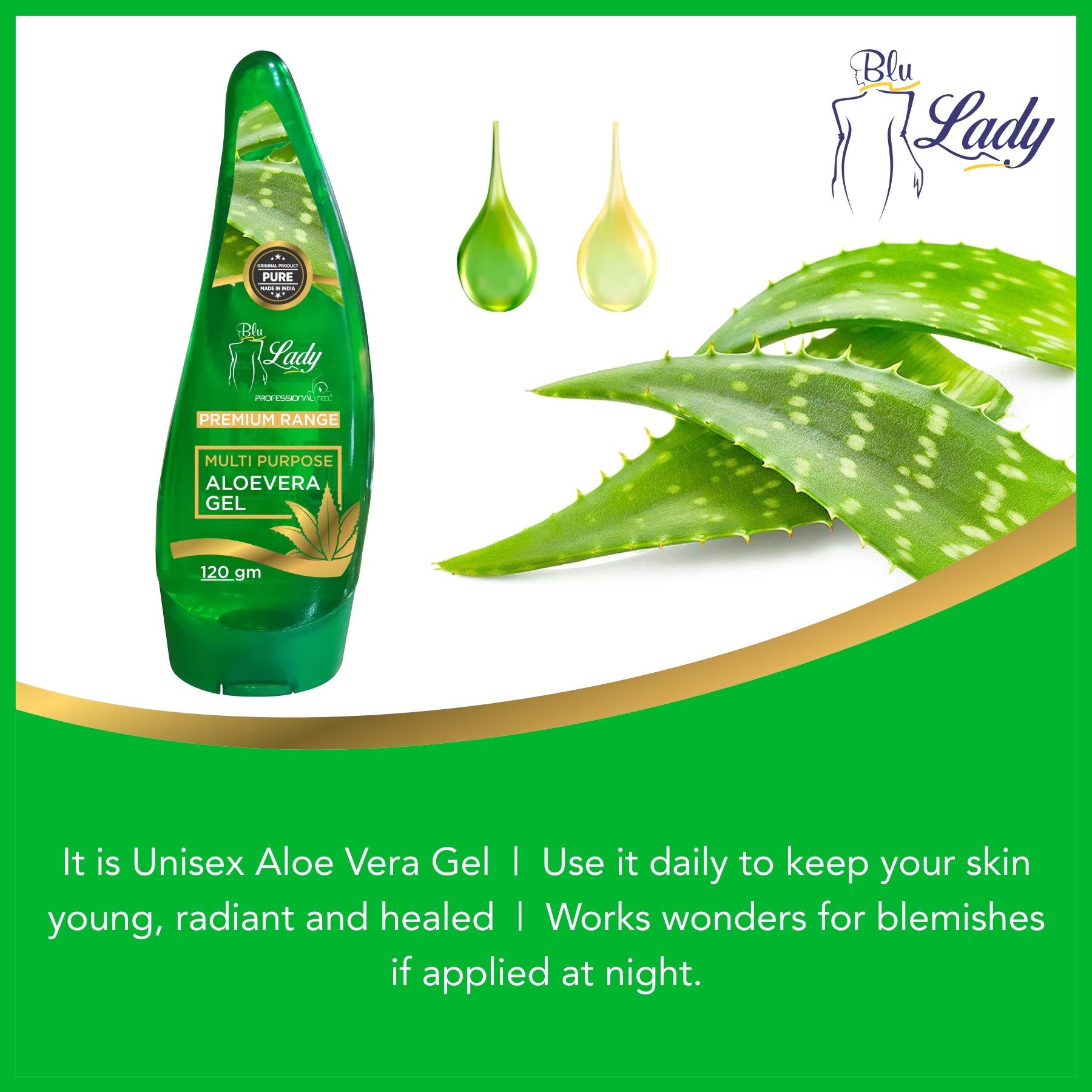 Professional Feel Blue Lady Aloevera Gel, Vitamin C & E Multi Purpose Alovera beauty Gel Beauty Parlour for Instant Skin & Hair All Type Skin Soothing 4