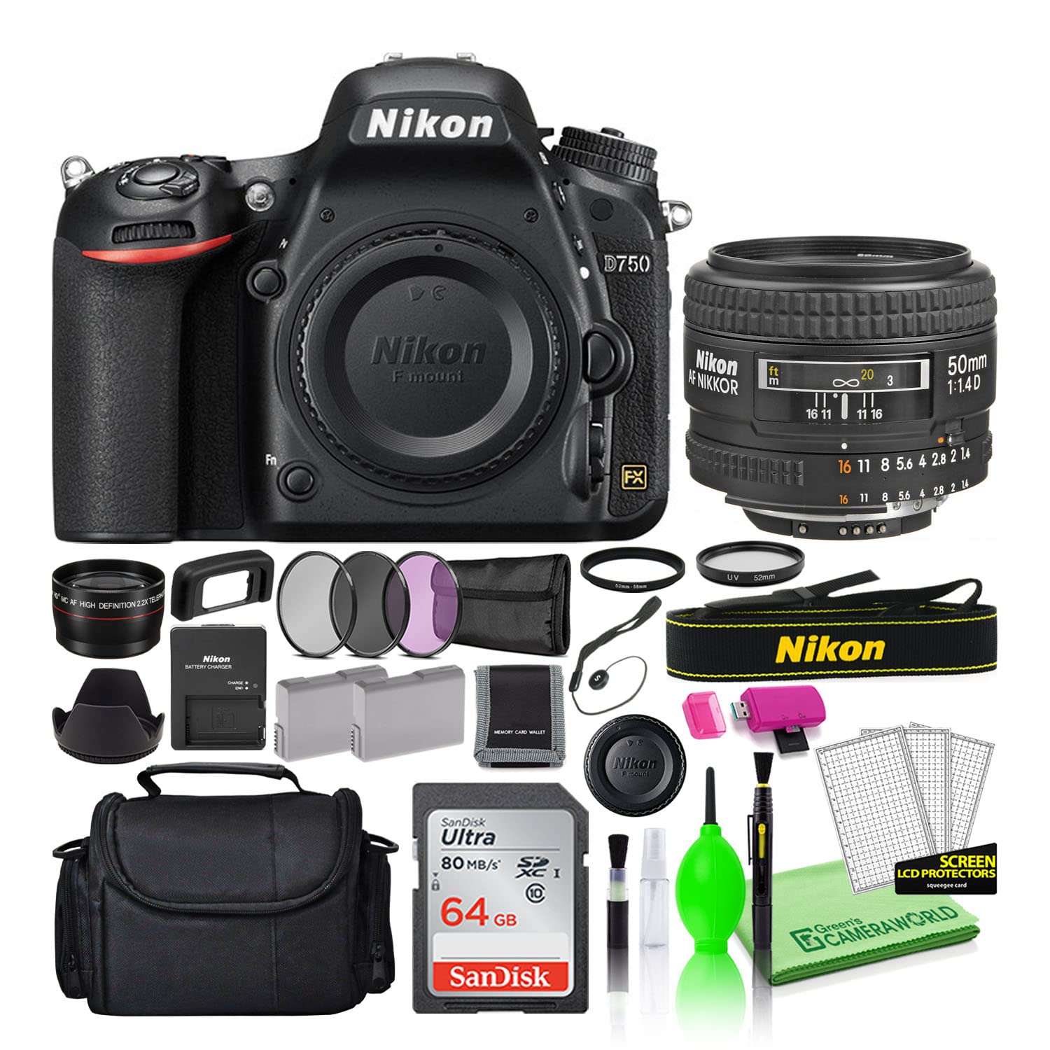 Nikon D750 24.3MP DSLR Digital Camera with AF 50mm f/1.4D Lens (1543) Deluxe Bundle -Includes- Sandisk 64GB SD Card + Large Camera Bag + Filter Kit + Spare Battery + Telephoto Lens + More