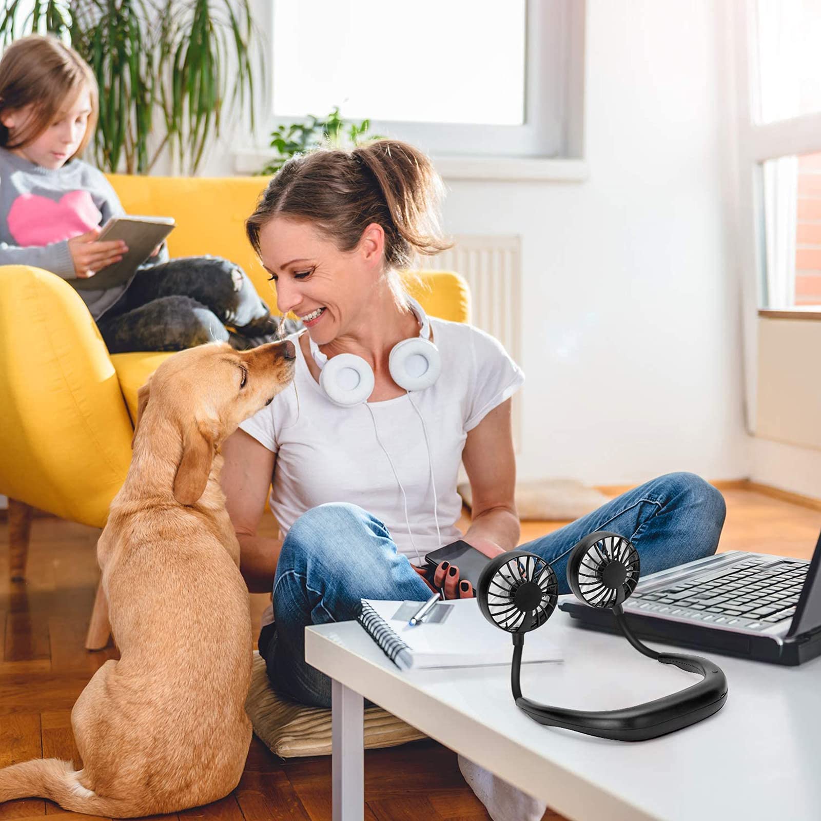 RJVW Portable Neck Fan, Hand Free Personal Hanging Neck Sports Fan USB Rechargeable (3 Speed Adjustable) Wearable Cooling Head Fan,360 Degree Free Rotation for Traveling, Sports, Office, Reading 3