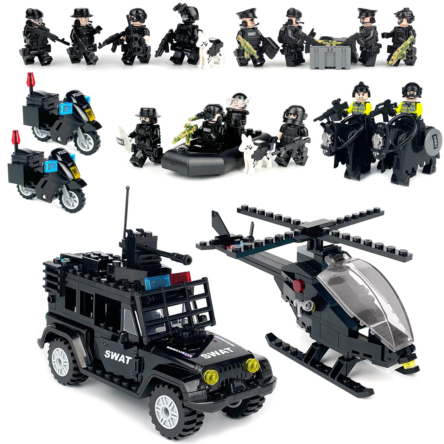 Koowants SWAT Set with 12 SWAT Officers, 2 Mounted Police with Horse – 1 Helicopter, 1 Armored SWAT SUV Vehicle,and 2 Motorcycle,Safe & Durable ABS – Great Gift for Kids, Boys, and Collectors