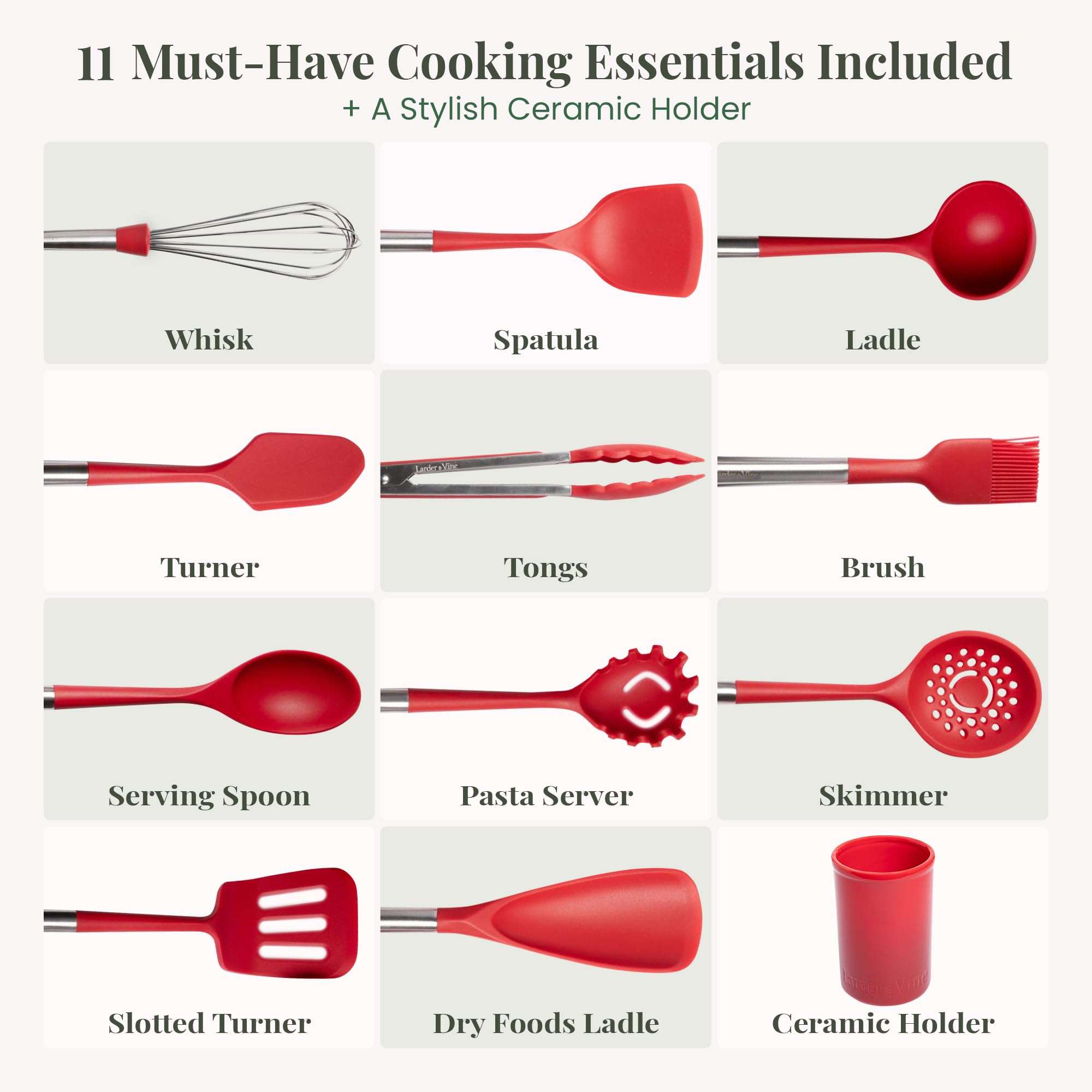 12-Piece Silicone Cooking Utensils Set | Silicone Utensils with Stainless Steel Handle and Ceramic Holder | Kitchen Utensils Set | Dishwasher Safe Set of Kitchen Essentials | Cabernet 3