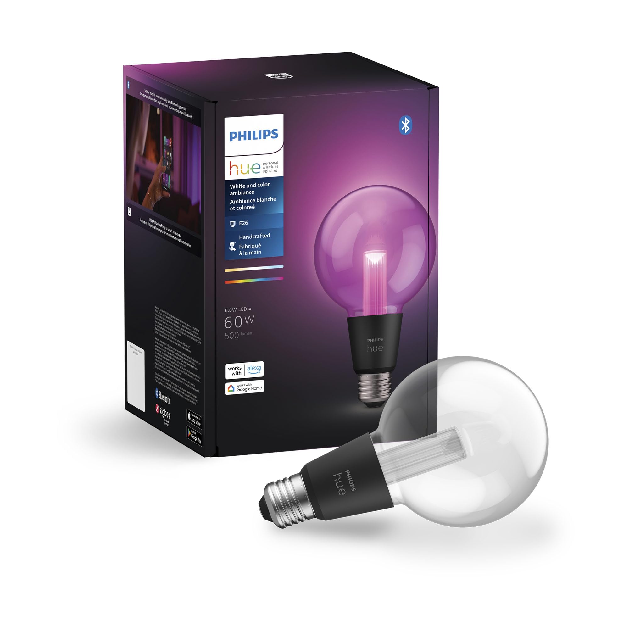 Philips Hue Lightguide G30 Small Globe Smart LED Bulb – Handblown Glass - Color Changing Light - Compatible with Amazon Alexa, Apple HomeKit and Google Assistant - Bluetooth and Hue Bridge Compatible