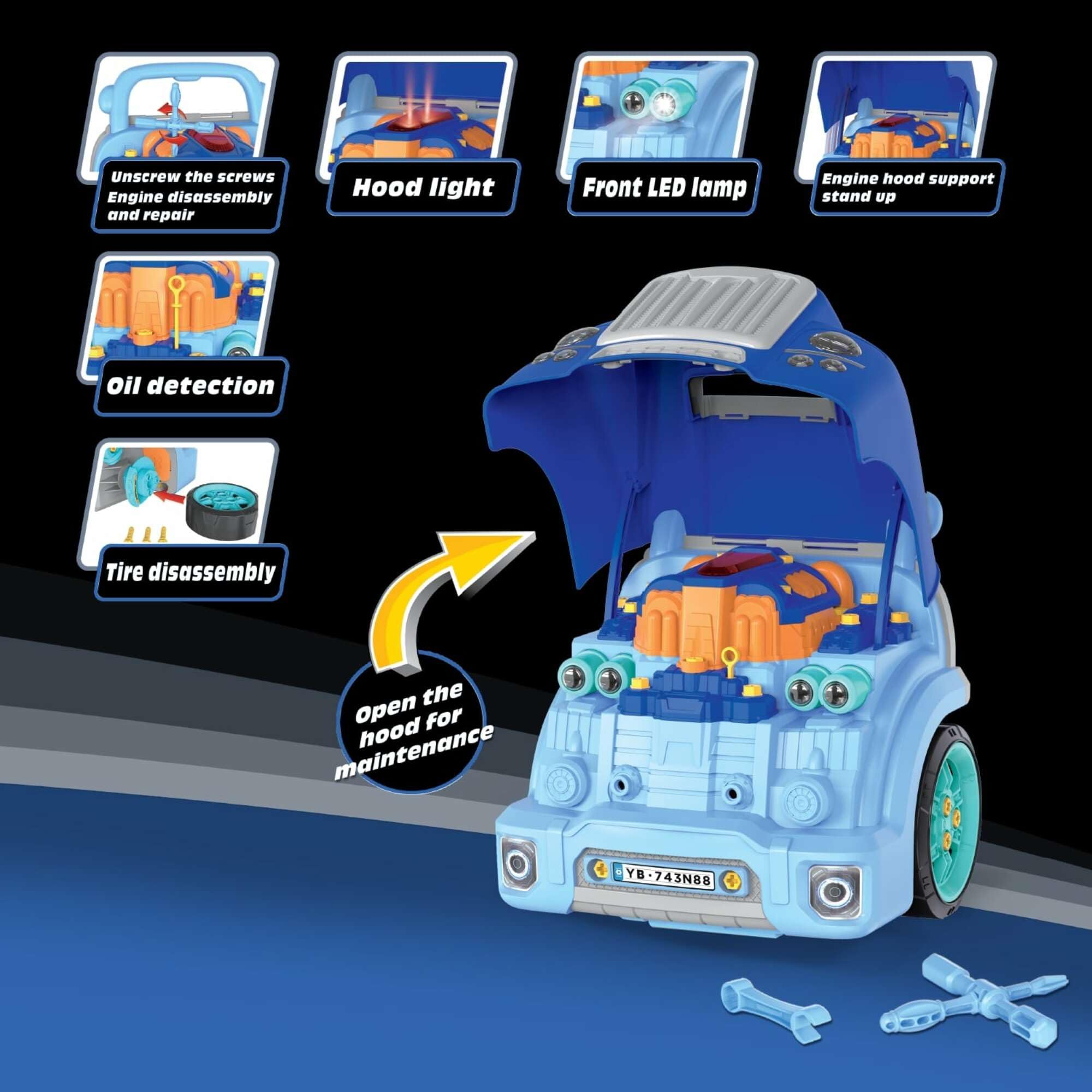 The Bubble Factory: Motor Car Engine Workshop - Blue - Take Apart & Rebuild Mechanical Toy, Battery-Powered, Lights & Sound Effects, Kids Ages 3+ 4