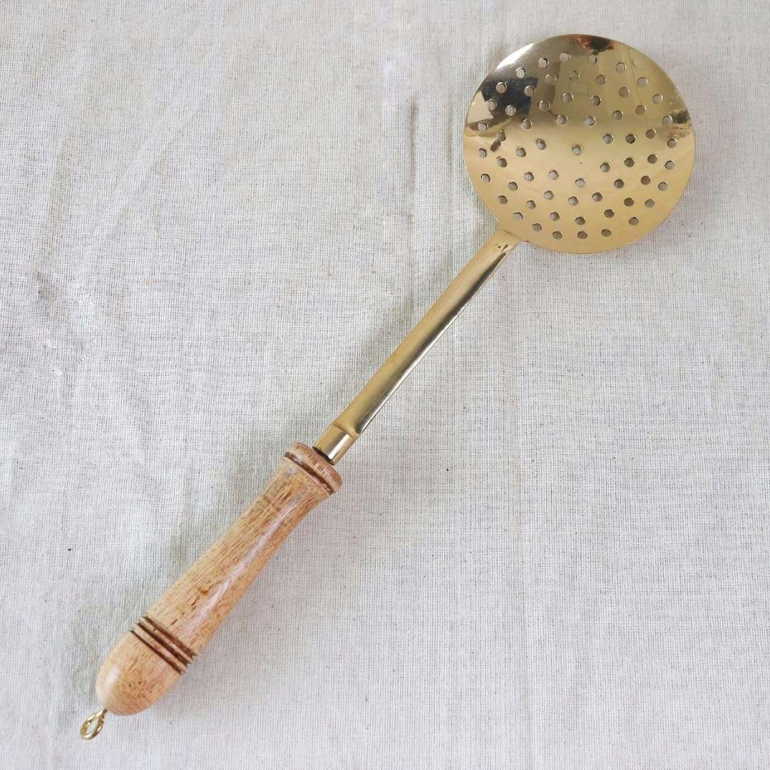Kitchen 101 Brass Karchi Set | 14 Inch | Pack of 3 | Serving | Ladle | Skimmer | Rice Spoon | Turner (Palta) | Cookware | for Cooking | Serving Spoon with Wooden Handle | Scoop | Pital Ki Karchi | 4