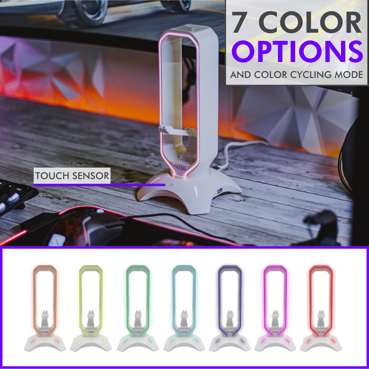 Tilted Nation Gaming Headphone Stand | RGB Headset Stand White | Headset Holder for Desk with Mouse Bungee and USB Hub | The Ultimate Gaming Accessories for Gamers for PS5, Xbox, PC - White 4