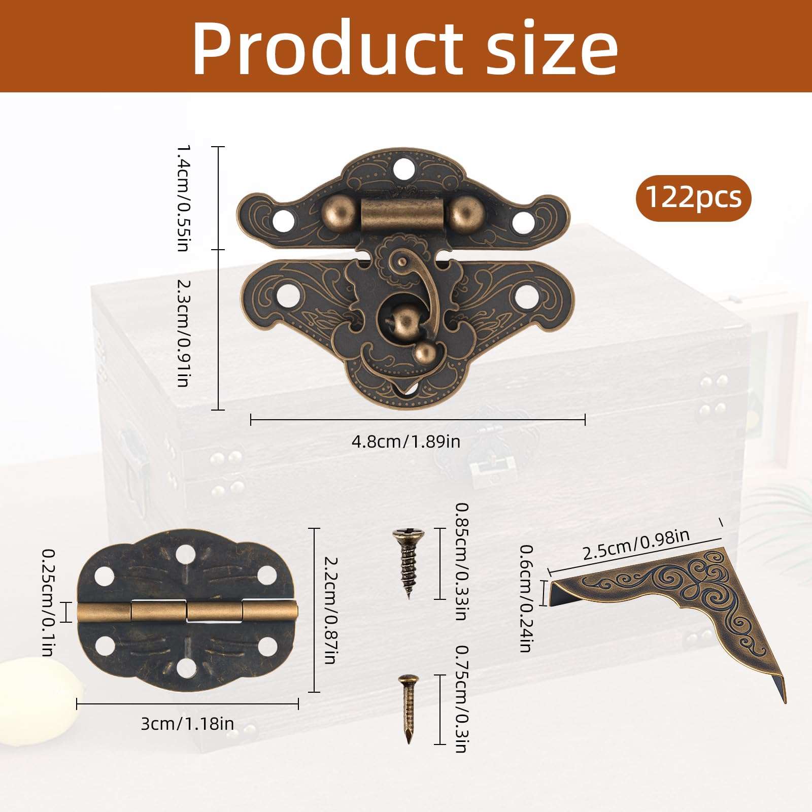 122PCS Vintage Bronze Hinge for Furniture Decoration, Antique Engraved Latch Hasp Hinges for Jewelry Box Decoration, Box Corner Protectors Hardware Kit/Wooden Box Jewelry Right Hook Hinges 3
