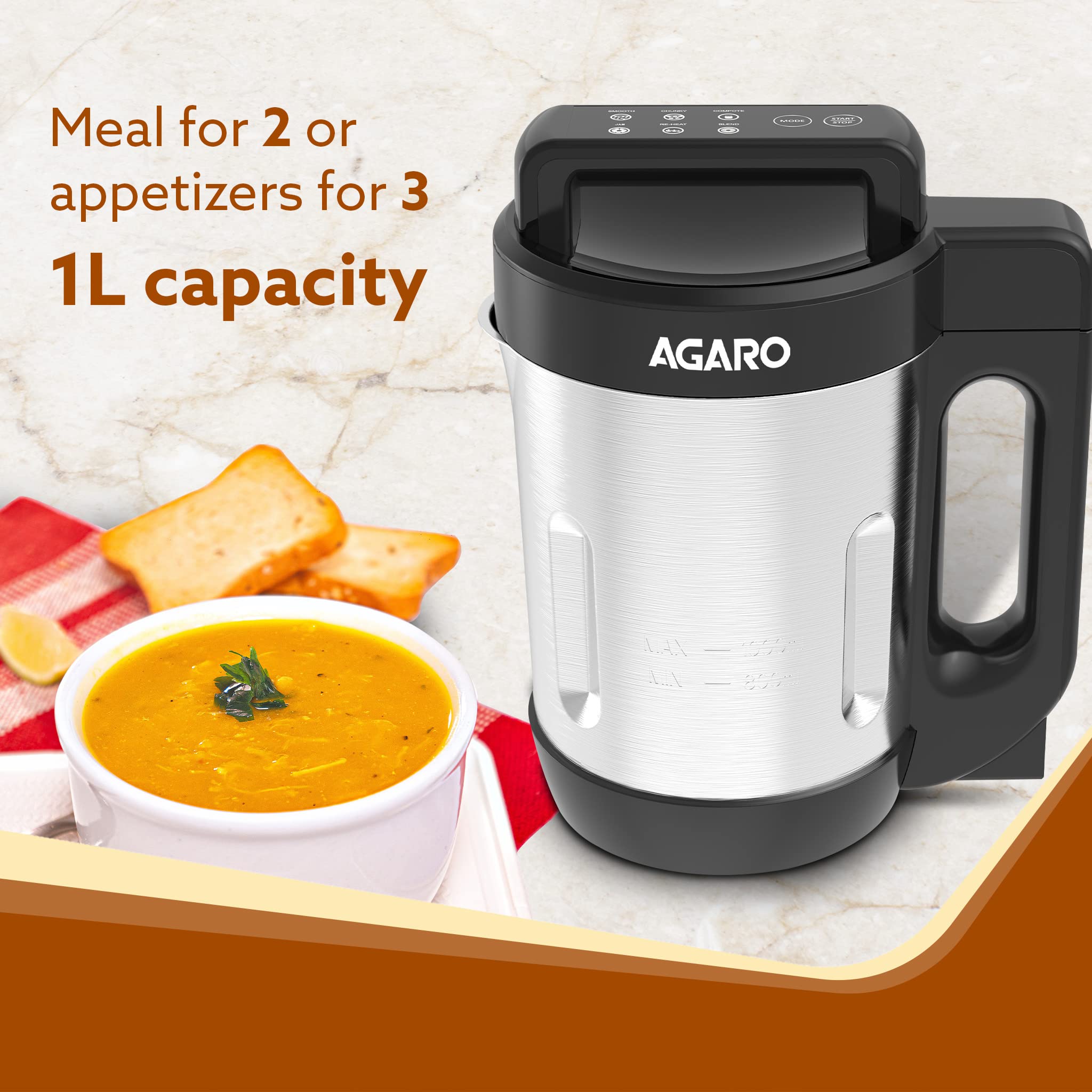 AGARO Elite Soup Maker, 1 Litre, Automatic Blending & Heating,6 Preset Cooking Functions, Copper Motor, Stainless Steel Blades, Grey 3