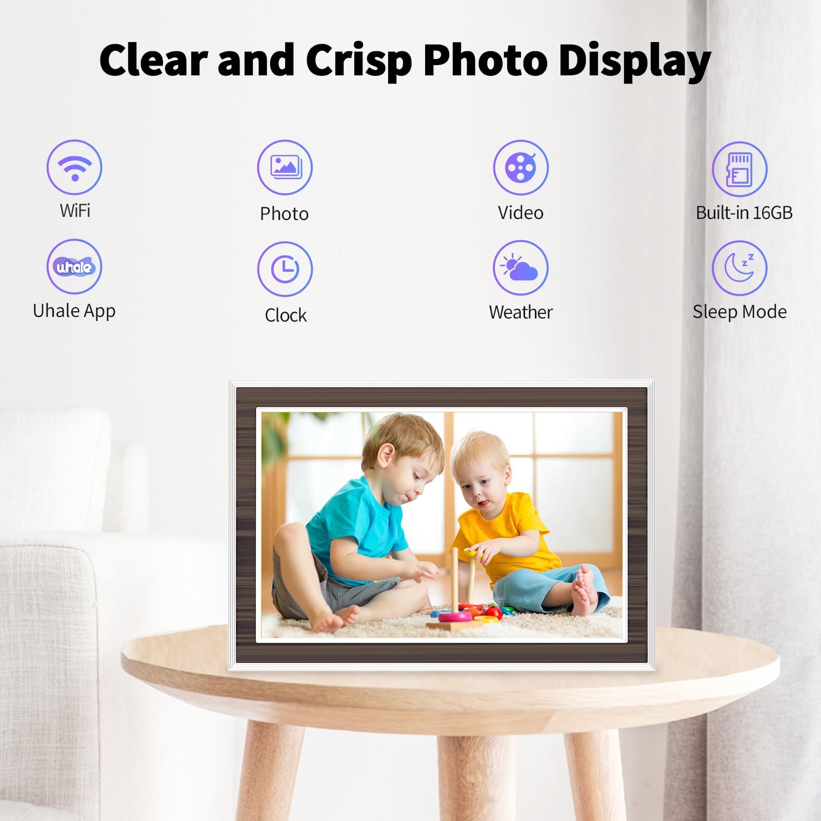 Digital Picture Frame 10.1 Inch, WiFi Digital Photo Frame with 16GB Storage, IPS HD Touchscreen, Instant Photo & Video Upload via Uhale APP, Wall-Mounted, for Mom, Housewarming Wood 4